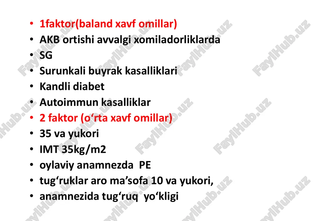 nafas yo‘llarini tozalash, adni o‘lchash,nafas va xomila yurak urishini eshitish akusherlik taktika: 12 soat davomida tug‘dirish. tug‘dirishdan oldin ayolning holatini stabillash. magnezial terapiyani tug‘ruqdan oldin, jarrohlik vaqtida va undan keyin 24-48 soat davomida davom ettiring. tug‘ruq yo‘llari tayyor bo‘lmaganda va ona va homila holati nostabil bo‘lganda, kesar kesish yo‘li bilan tug‘dirish. og‘riqsizlantirish – regionar og‘riqsizlantirish, agar moneliklar bo‘lmasa. agar ayolda tug‘ruq boshlangan bo‘lsa, ona va homila holati stabil bo‘lib, jarrohlikka ko‘rsatma bo‘lmasa, – tabiiy tug‘ruq yo‘lari orqali tug‘dirish. tug‘ruqda ayolning ahvoli, aqb, pulsi, diurez, qon saturatsiyasini kuzatib borish lozim. tug‘ruqda – regionar anesteziya maqsadga muvofiq bo‘ladi. gipertenziv xolatlarni asorati mns (insult, o‘tkir o‘pka etishmovch ligi o‘be,o‘yu e dvs o‘tkir,surunmns (i , ko‘rishni buzilishi, talvasalar) o‘tkir,surun kali njp bk hellp sindrom xomilada asoratlar xomila o‘sishini chegaralinish sindromi (xo‘chs) chal alik perinat al o‘lim hellp sindrom bu xomiladorlik bilan bog‘lik o‘tkir jigar etishmovchiligi. el (elevated lp (low n (hemolis) gemolitik kamkonlik el …