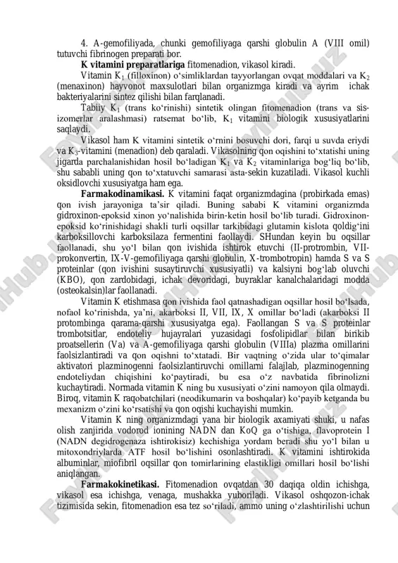 ilganda bosh aylanishi, bosh og„rigi kuzatilishi mumkin. ishlatilishi. angiopatiya, kapillyaropatiyalar natijasida kelib chiqadigan parenximatoz va kapillyar yoki trombotsitlar vazifasi buzilishi yoki ularning soni kamayishi natijasida kelib chiqadigan qon oqishlarda samarasi yaxshi. operatsiyalardan keyingi qon oqishlarda, burundan, o„pkadan, ichaklardan, bosh miya to„qimasidan qon oqqanda ishlatiladi. samaradorligi va xavfsizligini nazorat qilish usullari: 1. laboratoriya ko‘rsatkichlari. trombotsitlar sonini sanash (normada 150-400 x10 9 /l), trombotsitlar soni 50x10 9 /l gacha kamayganda qon quyulishi belgilari kuzatiladi; trombotsitopatiya belgilarini aniqlash. 1) gemolizat agregatsiya testi eritrotsitlarda eritrotsit va adenozindifosfat borligi asosida gemolizlangan eritrotsitlar tomonidan trombotsitlar agregatsiyasini chaqirishga asoslangan. 2) kollagen adrenalin trombin atf yordamida trombotsitlar agregatsiyasi va adgeziyasini chaqirish. 3) trombotsitlar katta-kichikligi va ultrastrukturasini o„rganish sitometriya. 4) qonda serotonin, 5-oksindolsirka kislota va kalsiy miqdorini aniqlash. 5) tromboelastografiya yordamida qon plazmasining geparinga chidamliligini aniqlash. klinik usullar: - dyuk bo„yicha (norma 1-7 daqiqa) kon oqish vaqti davomiyligini aniqlash. -endotelial («chimchilash», «jgut», «manjet») sinamalarini o„tkazish. -teriga qon quyilishi belgilarini …