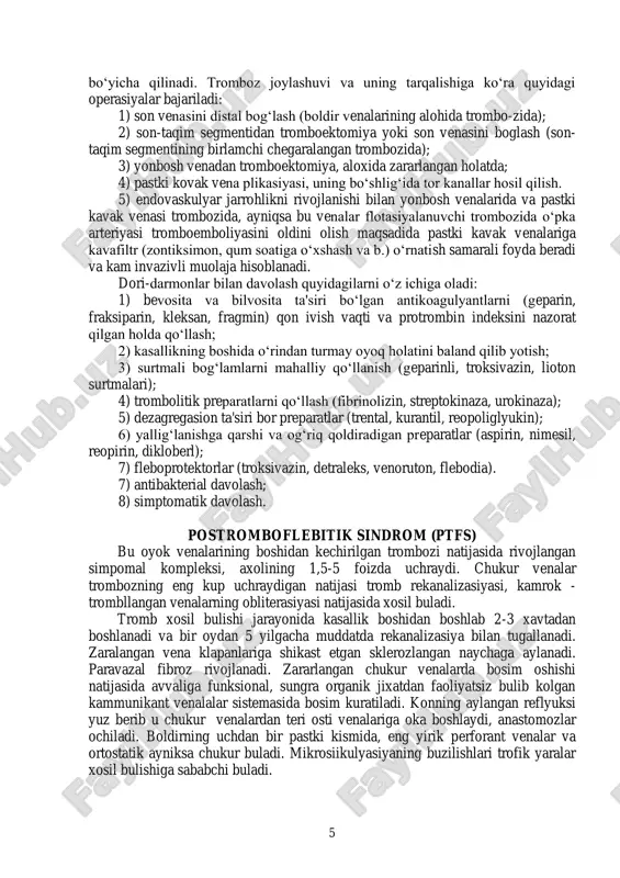 dikamentoz davolash kompleksiga bevosita va bilvosita antikoagulyantlar, qon hossalarini, mikrosirkulyasiyani yaxshilaydigan preparatlar (aspirin, trental, venoruton, indometasin, traksivazin, flebodia), yallig„lanishga qarshi (reopirin, nimesil, dikloberl), desensibilizasiya qiladigan (dimedrol, suprastin, tavegil va b.) dorilar kiradi. surtmali bog„lamlar (geparin, traksivazin, lioton surtmalari) mag„alliy qo„llaniladi. oyoqni elastik bintlar bilan bintlanadi, yurish tartibga solinadi. jaroyon songa tarqalganda o„rinda yotish, oyoqni beller shinasida baland vaziyatda qo„yish lozim bo„ladi. son venasining yuqoriga ko„tariladigan trombozining oldini olish uchun troyanov – trendelenburg (krossektomiya) usulida shoshilinch operasiya qilinishi kerak. agar bemorning ahvoli yo„l qo„ysa, 4 tromblangan yuzaki venalarni teri uchastkalari va infiltratlangan teri osti kletchatkasi bilan kesiladi (madelung operasiyasi). oyoq chuqur venalarining o„tkir tromboflebitlari va trombozlari tomirlar o„tkir okklyuziyasining eng ko„p joylashadigan sohasidir. ular suyak singandan, operasiyadan keyin, yurak-tomir patologiyasi bo„lgan bemorlarda, qandli diabeti bilan kasallangan keksalarda va onkologik bemorlarda rivojlanishi mumkin. venalar trombozi ular o„smalardan, kattalashgan bachadon bilan bosilganda, mushak taranglashtirilganda yuz berishi mumkin. chap yonbosh venasi trombozida uning ung …