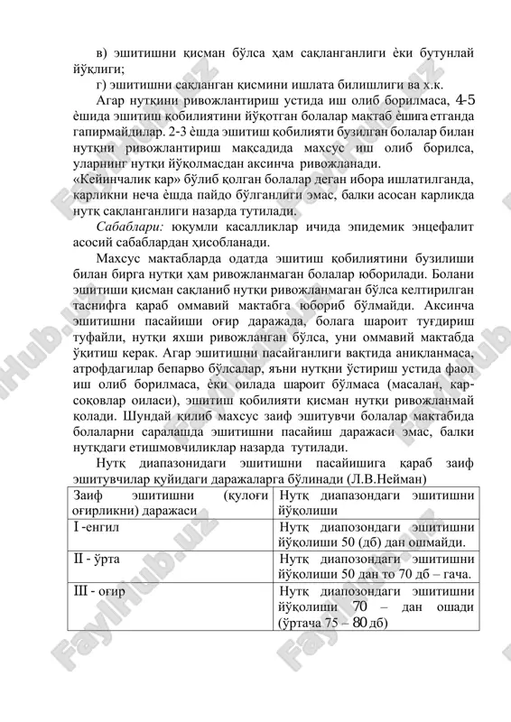 salan, kar- soqovlar oilasi), eshitish qobiliyati qisman nutqi rivojlanmay qoladi. shunday qilib maxsus zaif eshituvchi bolalar maktabida bolalarni saralashda eshitishni pasayish darajasi emas, balki nutqdagi etishmovchiliklar nazarda tutiladi. nutq diapazonidagi eshitishni pasayishiga qarab zaif eshituvchilar quyidagi darajalarga bo'linadi (l.v.neyman) zaif eshitishni (qulog'i og'irlikni) darajasi nutq diapazondagi eshitishni yo'qolishi i -engil nutq diapozondagi eshitishni yo'qolishi 50 (db) dan oshmaydi. ii - o'rta nutq diapozondagi eshitishni yo'qolishi 50 dan to 70 db – gacha. iii - og'ir nutq diapozondagi eshitishni yo'qolishi 70 – dan oshadi (o'rtacha 75 – 80 db) eshitishni yo'qolishi 50 dbdan oshmasa, oddiy balandlikdagi ovoz bilan gapirgan so'zlar 1 m. masofada aniq eshitiladi; ya'ni bola bilan gaplashish mumkin. eshitishni yuqolishi 50 dan – 70db gacha bo'lganda, to'g'ri ovoz bilan gapirgan so'zlar 1 metrga etmagan masofada eshitiladi, ya'ni gaplashish qiyinlashadi zaif eshituvchanlik etiologiyasi va klinikasi. zaif eshituvchanlik qandaydir darajada bolaning tashqi muhit bilan aloqaga kirishishining amalga oshirilishiga to'sqinlik qiluvchi, eshituv …