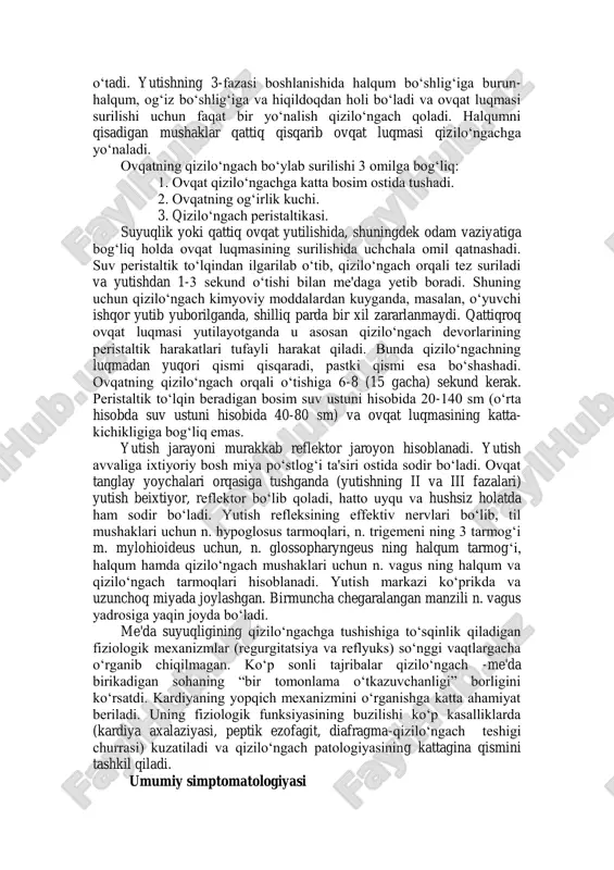 aning chuqur limfatik tugunlariga quyiladi. limfa qizilo„ngachning yuqori qismidan traxeal va traxeobronxial limfatik tugunlarga, pastki qismidan kardiya tugunlariga tushadi. qizilo„ngach limfatik tugunlarining bir qismi bevosita ko„krak yo„liga ochiladi (d. a. jdanov, 1952), buning qizilo„ngach rakining keyinchalik metastazlar berishida ahamiyati kattadir. qizilo„ngachni parasimpatik n. vagi tarmoqlari va simpatik nerv sistemasi (gangl. stellatum ning tolalari, arterial va kekirdak-xiqildoq chigali) orqali innervatsiya qiladi. ikkala sistemaning nerv tolalari qizilo„ngach yuzasida chigallar: o„ng adashgan nerv tarmoqlari bilan chap-orqa qizilo„ngach chigalini, chap adashgan nerv tarmoqlari bilan o„ng oldingi qizilo„ngach chigalini hosil qiladi. ulardan qizilo„ngach bag„rida intramural nerv chigalini (mushaklararo, auerbax) va shilliq parda osti (meysner) chigalini hosil qiladigan tolalar chiqadi. bular qizilo„ngach devorini innervatsiya qiladi. qizilo„ngachning bo„yin qismi qaytuvchi nervlar, ko„krak qismi o„zaro anastomozlanadigan adashgan nervlar tarmoqlari va simpatik nerv tolalaridan innervatsiya qilinadi. qizilo„ngachning quyi qorin nervi (n. splanchicus) dan tarmoqlar oladi. o„z-o„zini reflektor boshqarish intramural va ekstramural nerv tolalari va chigallari tomonidan amalga oshiriladi. qizilo‘ngach …