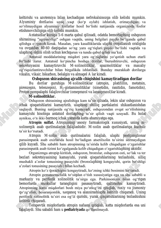 i. vikalin esa yana qo‘shimcha rutin (yallig‘lanishga qarshi ta’siri bor) va kellin (silliq mushaklaphi bo‘shatadi) saqlaydi. gastal, glyusallak, maaloks, milanta, delsidlar esa alyuminiy va magniy gidroksidini saqlaydi. bular oshqozon kislotaliligini 3,5-4,5 gacha ko‘taradi va bir necha soat davomida shunday saqlaydi; bundan tashqari, o‘rab va so‘rib oluvchi ta’sir qiladi; ich qotishining oldini oladi. bariy gidroksidi tezroq, alyuminiy gidroksidi sekinrok ta’sir ko‘rsatadi, bu oshqozondan ovqat tez o‘n ikki barmoq ichakka o‘tadigan bemorlar uchun qulaydir. antatsid moddalarining boshqa dorilar bilan o‘zaro ta’siri. antatsidlar xlorid kislotani neytrallab, oshqozon ichidagi ovqatning evakuatsiyasini kuchaytiradi, shu bilan birga antatsidlaphing ham evakuatsiyasi kuchayadi. buning natijasida kuchsiz asoslaphing (atropin, amidopirin, butadion, morfin, efedrin, xinin, xinidin) so‘rilishi kuchayib, ph ning oshib ketishi natijasida kuchsiz kislotalaphing (barbiturat, salitsilat, sulfanilamid) so‘rilishi kamayadi, lekin bu holat ulaphing ichakka tezroq o‘tishi hisobiga to‘ldiriladi. oshqozon shirasining ishqorlanishi temir moddasining oshqozonda so‘rilishini kamaytiradi, lekin siydikning ishqorlanishi sulfanilamid preparatlarining kristallanish jarayonini kamaytiradi, 2 va 3 valentli metallaphi …