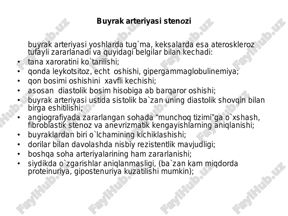 20 ml. fiz. er-maga; laziks; gipertonik krizni shifoxonada davolash chora-tadbirlarining majmui umumiy chora-tadbirlar dorilar bilan davolash 1. qat`iy yotoq rejimi; 2. arterial gipertenziyaning monitoringi va bemor holatini dinamikada baholash; 3. arterial gipertenziya va ekg monitoringi; o`tkazilgan davolash samaradorligini baholash; 4. simptomatik arterial gipertenziyani inkor qilish maqsadida bemorni ko`rsatmaga muvofiq tekshiruvdan o`tkazish; 5. v/i tomchilab yuboriladigan gipertenziv dorilar; arterial gipertenziyani doimiy va uzoq davolashga mo`ljallangan individual muolajani tanlash. v/i tomchilab qo`shimcha tayinlanadi: • pentamin 5% - 1 ml. 100 ml. fiz. er-maga; • metildofa (aldomet) - 250-500 mg. 100 ml. fiz. er-maga; • enalaprilat 1 ml. (1,25 mg.) 100 ml. fiz. er- maga; • izoket (perlinganit) 0,1 % - 10 ml. 100 ml. fiz. er-maga; • arfonad {trimetafan) 5% - 5 ml. 200 ml. fiz. er-maga; • natriy nitroprussidi (niprid) -50 mg. 400 ml. fiz. er-maga; • labetalol (trandat) - 200 mg. 200 ml. fiz. er- maga; • adalat 0,01 % …