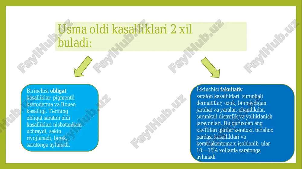 usma odatda yakka bulib, tananing istalgan joyida uchrashi mumkin. bazaliomalardan tez infiltrativ usishi va metastazalar berishi bilan farq qiladi. asosan limfogen metastazlar beradi. qon tomirlar orqali metastazlari juda kam uchrab, asosan suyak va upka zararlanadi. yassi xujayrali teri saratoni radiatsion dermatit infiltrativ shakli yassi xujayrali saraton, yuzidagi teri saratoni, infltrativ-yarali usish turi bouen kasalligi (yassi xujayrali saratoni in situ) akniticheskiy keratoz leykoplakiya • yuzaki, infiltrativ va papillyar yassi xujayrali saraton • hosil bo‘lgan o‘smalarni chetlaridan 5 mm jarrohlik yo‘li bilan olib tashlanadi • invaziv o‘smalari yoki o‘smalari 2 sm dan katta yoki chekka kamida 6 mm bosh terisi, quloq, burun, qovoqlari yoki lablari sohalarida uchun. • limfadenektomiya l / t tasdiqlangan metastazlarda ko‘rsatiladi davolash melanoma-pigmentli to‘qimaning xavfli o‘simtasi. • mojet voznikat vo vsex mestax, gde imeyutsya melanotsiti (koja, setchataya obolochka i radujka glaz, nadpochechniki, mozgovie obolochki, distalnie otdeli slizistoy i pryamoy kishki), za isklyucheniem chernoy substansii veshestva golovnogo mozga. • …