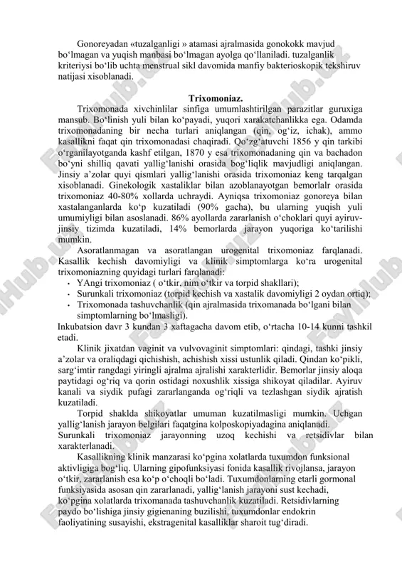 anilmokda. quyidagi preparatlar qo‘llaniladi: • seftriakson - 250 mg m/o bir marta; • azitromitsin - 1 g ichga bir marta; • ofloksatsin - 400 mg ichga bir marta; • siproflaksatsin - 500 mg ichga bir marta. bir vaktning o‘zida xlamidiya aniqlanganda azitromitsin 1 g bir maxal ichga yoki doksitsiklin 0,1 g sutkada 2 maxal ichga 7 kun mobaynida tavsiya etiladi. bunday bemorlarni davolash statsionar sharoitida olib borilishi kerak. davolash taktikasi gonoreya kechishi klinik xarakteriga bog‘liq bo‘ladi. xususan, parauretral va katta vestibulyar bezlar abssesslanganda antimiikrob preparatlarga qo‘shimcha ravishda mos keluvchi patogenetik, fizioterapevtik va xirurgik davolash usullari qo‘llaniladi. ayiruv-jinsiy tizim va kichik chanoq a’zolari asoratlangan gonokokkli infeksiyasining etiologik davosi xar 24 soat mobaynida m/o yoki v/i ga seftriakson 1,0 g yuborish yuli bilan olib boriladi. alternativ davolash sxemasi mavjud: • sefotaksim - 1,0 g v/i ga xar 8 soatda; • kanamitsin - 1 000 000 ed m/o ga xar 12 soatda; • …