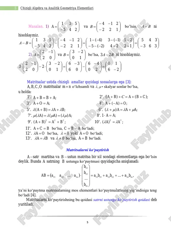 matritsaga aytiladi. masalan. berilgan matritsalarni ko‘paytiring: 1. ( ) ( ) )12(6123 6 2 13 =+=       ; 2. ( )       − − =      − − =−      24 36 12)2(2 13)2(3 12 2 3 ; 3.       − =      +−+ +−+ =      −       105 31 3322)1(342 3120)1(140 31 24 32 10 ; 4.       − − =      −+−+++ −+−+++ =           − −      2332 1114 )3(6)1(504362514 )3(3)1(201332211 23 12 01 654 321 agar a matritsaning satrlarini 1 2, , ..., ma a a bilan …