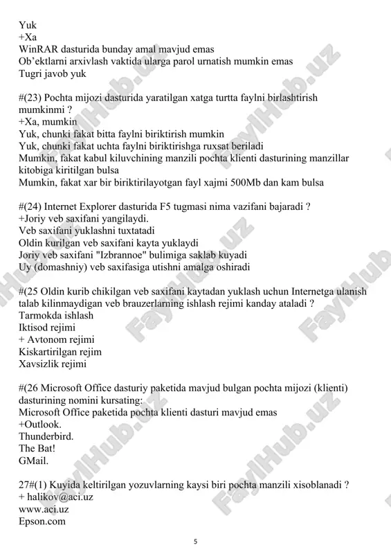 crosoft excel dasturi bu - + elektron jadval matn muxarriri grafik muxarriri kobik dastur oddiy dastur #(1) microsoft excel dasturida yacheykaga formula kiritish kanday belgidan boshlanadi? + = f(x) x #(1) excel: a1 yacheykaga 5, b1 yacheykaga 3, c1 yacheykaga 8, d1 yacheykaga 4, e1 yacheykaga =(a1+b1+c1)/d1 formula kiritilsa uning kiymatini toping. + 4 5 3 2 6 #(1) elektron jadvalda a1:b3 yacheykalar ajratilgan. ajratilgan yacheykalar soni nechta. + 6 7 5 4 8 #(1) elektron jadvalda a1:a5 yacheykalar ajratilgan. ajratilgan yacheykalar soni nechta. + 5 7 6 4 3 #(1) excel dasturida formula bajarilish natijasida "#(1)znach" xatoligi sodir bulsa, bu xatolik turini aniklang? + yacheyka nomeri notugri kursatilgan argument sifatida sonning urnida matn turibdi nolga bulish sodir bulgan kvadrat ildiz ostida manfiy son xosil bulgan nolga kupaytirish sodir bulgan #(1) yacheykada #(1)#(1)#(1) belgi nimani bildiradi? + rakamning yacheykaga sigmaganligini; nom natugri kursatilganligini; yacheyka formati oddiy matnda ekanligini; yacheyka adresi …