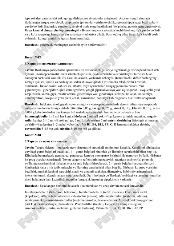 – mannit, talvasaga qarshi kurashish - korbiomiozipin bilet №12 3. polimielit kasalligini klinikasi. javob: poliomielit – markaziy nerv sistemasi, ayniqsa, orqa miya motor hujayralari zararlanishi bilan kechuvchi o‘tkir yuqumli kasallik. poliomielit chaqiruvchisi – poliovirus, ya’ni neyrotrop xususiyatga ega enterovirus. kasallikning klinik kechishida prodromal, preparalitik, paralitik, tiklanish va asoratlar davrlari farqlanadi. prodromal davri. bemorning yuqori nafas yo‘llarida kataral yallig‘lanish belgilari, ya’ni rinit, traxeit, tonzillit, bronxit paydo bo‘ladi. tana harorati 39°c gacha ko‘tariladi va umumiy intoksikatsiyaga xos simptomlar, ya’ni bosh og‘riq, holsizlik, ishtaha pasayishi kabi belgilar paydo bo‘ladi. bolaning qorni og‘rib, ichi ketishi mumkin. preparalitik davri, ya’ni falajliklar oldi davri. bu davr 2-6 kun davom etadi. prodromal davrdagi simptomlar saqlanib qoladi. terlash kuchayadi. umurtqa pog‘onasi atrofida kuchli og‘riqlar, ya’ni nevralgiya va mialgiyalar kuzatiladi. og‘riqlar sababli bemorning harakati chegaralanib qoladi. paralitik davr, ya’ni falajliklar davri. falajliklar kasallikning 2- 3-kuniyoq paydo bo‘la boshlaydi, ba’zan esa 5 kundan keyin vujudga keladi. bu davrda tana harorati …