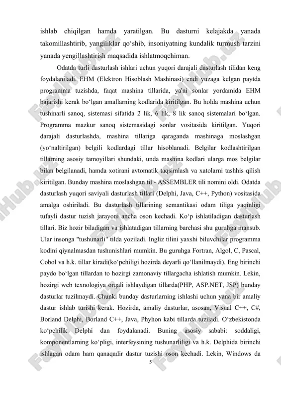 lash tili 1980-yilning boshida bjarne stroustrup tomonidan c dasturlash tiliga asoslangan holda yaratilgan bo‘lib, uning kutubxonasida turli funksiyalar mavjud. ushbu tilni o‘rganish ikki qismga bo‘linadi. birinchi qismda c++ dasturlash tilini o‘rganish, ikkinchisi esa c++ dasturlash tilining standart kutubxonasidagi tayyor obyekt va funksiyalarni qo‘llashni o‘rganishga asoslangan. dastlab, mazkur mavzuda c++ dasturlash tili imkoniyatlarini dev-c++ muhitidan foydalanib, misol va masalalarni dasturlashni ko‘rib chiqamiz. dev-c++ – bu c / c ++ dasturlash tillari asosida dasturiy mahsulotlarni ishlab chiqish muhiti hisoblanadi. dev-c ++ dasturi bloodshed software firmasi xodimi colin laplace tomonidan yaratilgan va shundan so‘ng, windows operatsion tizimiga moslashtirilgan versiyalari ishlab chiqarila boshlagan. hozirda embarcadero firmasi tomonidan, embarcadero dev-c ++ shaklida ishlab chiqarish davom etmoqda. embarcadero dev-c ++ – bu bloodshed dev-c ++ dasturlash tilining yangi va takomillashtirilgan versiyalaridan biri hisoblanadi. bugungi kunda, ushbu tilning ko‘plab versiyalari ishlab chiqilgan bo‘lib, mazkur mavzuda dev c++ muhitining 5.11-versiyasi va unda misol va masalalarni dasturlashni ko‘rib chiqamiz. …