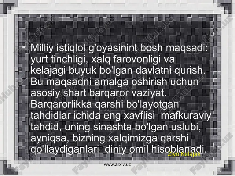 rilgan edi. uning talabalari fuqaho sifatida tan olindi va ularning eng mashhurlaridan biri hammod ibn abu sulaymon (738 y.) mazkur mazhabga nom bergan abu hanifaning ustozi bo'lgan. ziyo kelajak www.arxiv.uz www.arxiv.uz abu hanifa kufalik bo'lib, o'zining ismi no'mon ibn sobit edi. o'ziga to'q ipak sotuvchi xonadonida tavallud topgan. a'lo ta'lim olib, yoshligida so'nggi sahobalarning suhbatini olgan. 22 yoshida mashhur huquqshunos hammod ibn abu sulaymonning shogirdi va uning davrasida 18 yil tahsilda bo'ladi. ustoz vafotidan so'ng 10 yil davomida ushbu to'garakka rahbarlik qiladi. u kufa va basraning eng obro'li faqihi hisoblangan. 747-748 yili uni davlat xizmatiga chorlagan iroq hokimining zulmidan qochib, makkaga ko'chib o'tadi. hokimiyatga abbosiylar kelgach, iroqqa qaytadi va boy tojir hamda nufuzli olim sifatida hayot kechiradi. xalifa mansur (754-775) bag'dodda unga qozi yoki boshqa yuksak martabani egallashni taklif etganida qat'iyan rad javobini beradi. xalifa uning irodasini bo'ysundirish uchun yoshi va obro'siga ham qaramay, qamoqqa tashlaydi, hatto savalashga buyuradi. oradan …