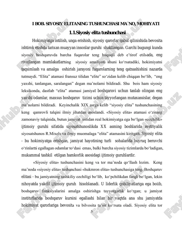 sidagi ikkinchi muhim omildir. uchinchi, siyosat har kimning qiziqish doirasiga kiravermaydi. ko‘plar uchun siyosatga jalb qilinish bu ikkinchi darajali ishdir. siyosatda ozchilik faollik ko‘rsatadi. vu siyosiy elitaning mavjudligining uchichnchi - siyosiy omilidir. 1.2. siyosiy elitaning funksiyalari siyosiy elita davlat va jamiyat ishlarida ko‘plab funksiyalari bajaradi: siyosiy elitani hokimiyat funksiyalarining hajmi asosida quyidagi darajalarga bo‘lish mumkin: oliy, o‘rta va quyi. siyosiy elitalarning funksiyalari:ularnning ichida eng asosiy funksiyalari quyidagilardan iborat: -turli ijtimoiy guruhlar manfaatlarini o`rganish va tahlil etish; -turli ijtimoiy birliklar manfaatlarini subordinatsiya qoplash; -siyosiy yul va maqsadlarda manfaatlarni ifodalash; -siyosiy mafkurani ishlab chiqish (dastur, doktrina, konstitutsiya, qonunlar va xokazo); -siyosiy mo`ljallarni mujassamlashtirish mexanizmini yaratish; -boshqaruv organlari apparatining kadrlarini tayinlash; -siyosiy tizim institutlarini tuzish va ularga tuzatishlar kiritish; -siyosiy yetakchilarni ilgari surish. elitalarni rekrutlash. elitalarning o`z funksiyalarini jamiyat uchun natijada, foydali va samarali bajarishida ularni rekrutlash muhim o`rin tutadi. xozirgi davrda elitalarni rekrutlashning ikkita asosiy tizimi mavjud: gildiya va antreprener tizimlari. 8 …