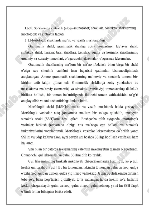 imlik shakllari. formal tilshunoslikda qo`shimchalar (grammatik shakllar va kategoriyalar) so`z yasovchi, so`z o`zgartiruvchi va forma yasovchilarga ajratiladi. forma yasovchilarga, jumladan, son, daraja, mayl, nisbat, zamon qo`shimchalari kiritiladi. o`zbek tilshunosligining keyingi taraqqiyotida nosintaktik sof ma`noviy deb tavsiflangan son, daraja, nisbat, egalik shakllarida ma`lum ma`nolar bilan bir qatorda o`ziga xos sintaktik imkoniyatlar va, aksincha, sof sintaktik deb tavsiflangan kelishik, mayl, zamon, shaxs-son shakllarida ma`lum ma`nolar yashiringanligi aniqlandi. bu esa grammatik shaklning ma`noviy qobiliyati va sintaktik imkoniyati masalasini o`rtaga qo`ydi. chunonchi, mayl / zamon shaklining ma`nosi so`zlovchining harakatga va harakatning nutq momentiga munosabatini ifodalash bo`lsa, uning sintaktik imkoniyati gap kesimini shakllantirishidir. grammatik shakllarning ma`nosi va sintaktik qobiliyatlari b.mengliyevning tadqiqotidan olingan quyidagi jadvalda umumlashtirilgan: usbu morfologik kategoriyalarga mansub shakllar ikki guruhga ajratib o`rganiladi: 1. leksik – morfologik (lug`aviy) shakllar 2. funksional – morfologik (sintak tik) shakllar bu ajralishning mohiyati shundaki, lug`aviy shakllar (bularga qisman an`anaviy forma yasovchilar kiradi) o`zi qo`shilib kelayotgan so`zga yangi sintaktik …