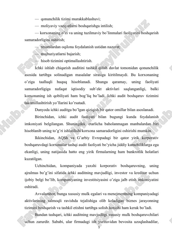 uriyatlari, ichki audit xizmatiga qo’yiladigan talablar, ichki audit xizmatining mustaqilligi va uni o’tkazish natijalari bo’yicha yig’ma hisobot tuzishga qo’yiladigan talablar, ichki audit xizmatining javobgarligi belgilab qo’yilgan. unga ko’ra; ichki audit deb korxona boshqaruvining ijro etuvchi organi va tarkibiy bo’linmalari tomonidan o’zbekiston respublikasi qonun hujjatlariga; ta’sis hujjatlariga va ichki hujjatlariga rioya qilinishini tekshirish va monitoring olib borish yo’li bilan ular ishini nazorat qilish va baholash, ma’lumotlarning buxgalteriya hisobi va moliyaviy hisobotda aks ettirilishni to’liqliligi va ishonchliligini ta’minlash, xo’jalik operatsiyalarini amalga oshirishning belgilangan qoidalari va taomillari, aktivlarining saqlanishi hamda korporativ boshqarish tamoyillari joriy etilishi bo’yicha korxona tarkibiy bo’linmasining (ichki audit xizmati) faoliyati. [footnoteref:1] [1: vazirlar mahkamasining 2006 yil 16 oktyabrdagi 215-son qarori bo’yicha “korxonalardagi ichki audit xizmati to’g’risida nizom” ] ichki audit xizmati - korxona kuzatuvchi kengashining qarori bilan tashkil etiladigan korxonaning ichki auditni amalga oshiradigan tarkibiy bo’linmasi. ichki audit faoliyati mamlakatimizga 2007 yildan boshlab joriy etilgan bo’lsada, uning mazmun mohiyati iqtisodchi …