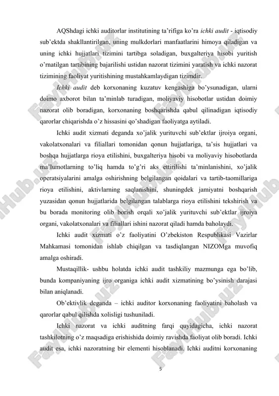 ing farqi quyidagicha, ichki nazorat tashkilotning o’z maqsadiga erishishida doimiy ravishda faoliyat olib boradi. ichki audit esa, ichki nazoratning bir elementi hisoblanadi. ichki auditni korxonaning ichki nazoratini kuchaytirish maqsadida tashkil etiladi. shu jihat bilan ichki audit va ichki nazorat bir-biridan farqlanadi. ichki nazoratga qo’yilgan asosiy talablar quyidagilardir: 1. har bir sub’ektning nazorat oldida bo’lishi. tashkilotda faoliyat ko’rsatib kelayotgan xar bir sub’ektning nazorat ostida bo’lishi. har bir subektning biriqtirilgan ishni bajarishni boshqa subektlar tomondan tekshirilishi, lavozim majburiyatda qayd etilishi lozim. bir qator sub’ektlar tomondan ichki nazoratning qanday darajada olib borilayotganligini birinchi navbatda korxona rahbari qiziqishi lozim. shuning uchun ham bu kabi sub’ektlar faoliyatining nazorati, tashkilot rahbari har xil turdagi ekspertlar yoki tashqi audit xizmatidan foydalanish mumkin. 2. qiziqishlarni cheklash. u yoki bu chetlashishlar holatlarida “nozik nuqta”larni tuzatib boradigan maxsus sharoitni yaratish kerak. 3. birinchi darajali nazoratni bir kishiga yuklamaslik. bu holat, ya’ni nazoratni bir kishiga yuklash, o’z faoliyatini suiste’mol qilish yoki …