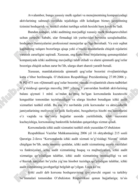 lga oshirishning belgilangan qoidalari va taomillari, aktivlarining saqlanishi hamda korporativ boshqarish tamoyillari joriy etilishi bo’yicha korxona tarkibiy bo’linmasining (ichki audit xizmati) faoliyati. ichki audit xizmati - korxona kuzatuvchi kengashining qarori bilan tashkil etiladigan korxonaning ichki auditni amalga oshiradigan tarkibiy bo’linmasi. ichki audit faoliyati mamlakatimizga 2007 yildan boshlab joriy etilgan bo’lsada, uning mazmun mohiyati iqtisodchi olimlarimiz tomonidan ilgariroq o’rganilgan. ya’ni ichki audit tushunchasi va mohiyati yuzasidan bir qancha iqtisodchi olimlar o’z fikr mulohazalarini ilmiy izlanishlarida bildirib o’tgan. aqshdagi ichki auditorlar institutining ta’rifiga ko’ra ichki audit - iqtisodiy sub’ektda shakllantirilgan, uning mulkdorlari manfaatlarini himoya qiladigan va uning ichki hujjatlari tizimini tartibga soladigan, buxgalteriya hisobi yuritish o’rnatilgan tartibining bajarilishi ustidan nazorat tizimini yaratish va ichki nazorat tizimining faoliyat yuritishining mustahkamlaydigan tizimdir. ichki audit deb korxonaning kuzatuv kengashiga bo’ysunadigan, ularni doimo axborot bilan ta’minlab turadigan, moliyaviy hisobotlar ustidan doimiy nazorat olib boradigan, korxonaning boshqarishda qabul qilinadigan iqtisodiy qarorlar chiqarishda o’z hissasini qo’shadigan faoliyatga aytiladi. …
