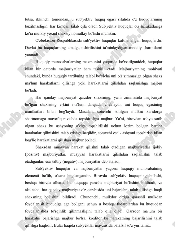 agona huquqiy munosabatning elementi bo'lib, o'zaro bog'langandir. birovda sub'yektiv huquqning bo'lishi, boshqa birovda albatta, bu huquqqa yarasha majburiyat bo'lishini bildiradi, va aksincha, har qanday majburiyat o'z qarshisida uni bajarishni talab qilishga haqli shaxsning bo'lishini bildiradi. chunonchi, mulkdor o'ziga qarashli mulkdan foydalanish huquqiga ega bo'lgani uchun u boshqa fuqarolardan bu huquqdan foydalanishda to'sqinlik qilinmasligini talab qila oladi. qarzdor ma'lum bir harakatni bajarishga majbur bo'lsa, kreditor bu harakatning bajarilishini talab qilishga haqlidir. bular haqida sub'yektlar mavzusida batafsil so'z yuritamiz. fuqarolik huquqiy munosabatning obyekti deb, fuqarolik huquqiy munosabatda qatnashuvchi shaxslarning sub'yektiv huquqlari va majburiyatlari nimaga qaratilgan bo'lsa, shunga aytiladi. bular - ashyolar, mol-mulklar, pullar va qimmatli qog'ozlar, ishlar va xizmatlar, intellektual faoliyat natijalari, shaxsiy nomulkiy huquqlardir. fuqarolik huquqiy munosabatlarning ob'yektlari sifatida ko'rilgan ashyolar fuqarolik huquqida muhim ahamiyatga ega. ishlar va xizmatlar fuqarolar va yuridik shaxslarga ko'rsatiladigan huquqiy munosabatlarning ob'yektlari bo'lib hisoblanadi. masalan, oldi-sotdi shartnomasi bo'yicha sotuvchi ashyoni topshirishga qaratilgan harakatni qiladi, pudrat shartnomasi …