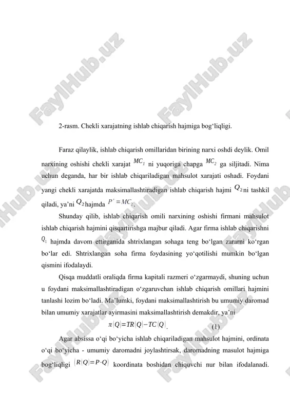 tlashuvchi firmaning muvozanat holati. biz ko‘rgan edikki, raqobatlashgan bozorda narx bozor tomonidan belgilanadi va unga firma ta’sir qila olmaydi. bunday bozorda harakat qilayotgan firmaning talab chizig‘i gorizontal chiziqdan iborat bo‘lib, uning chekli daromadi narxga teng, ya’ni . demak, raqobatlashuvchi firma foydasini maksimallashtirish sharti (qoidasi) shundan iboratki, firma ishlab chiqarish hajmini shunday tanlashi kerakki, bu hajmda narx chekli xarajatga teng bo‘lsin: . (5) (5)-shart raqobatlashgan bozorda faoliyat ko‘rsatayotgan firma foydasini maksimallashtirish (muvozanat holati) sharti deyiladi, ya’ni raqobatlashuvchi firmaning chekli mahsulot qoidasini ifodalaydi. ushbu qoidaga ko‘ra firma mahsulot ishlab chiqarish hajmini chekli xarajat narxga teng bo‘lgunga qadar oshirishi mumkin. demak, bo‘lsa, ishlab chiqarishni oshirish mumkin va bu oshirish bo‘lguncha davom etishi kerak. raqobatlashgan firma foydasini maksimallashtirish sharti yordamida biz firmaning muvozanat holatini belgilovchi nuqtani grafik orqali aniqlashimiz mumkin rasmda nuqta raqobatlashuvchi firmaning qisqa muddatli oraliqdagi muvozanat holatini ifodalaydi. bu nuqtada bo‘lib, ushbu nuqtada firma foydani maksimallashtiradigan ishlab chiqarish hajmi ga erishadi. rasmda …