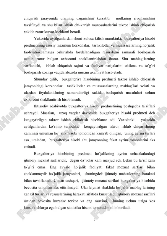 kamrab olingan, uning ayrim turlari esa jumladan, buxgalteriya hisobi shu jarayonning fakat ayrim tomonlarini aks ettiradi. buxgalteriya hisobining predmeti ho`jalikning ayrim uchastkalardagi ijtimoiy mexnat sarflaridir, degan da`volar xam mavjud edi. lekin bu ta`rif xam to`g`ri emas. eng avvalo ho`jalik faoliyati fakat mexnat sarflari bilan cheklanmaydi: ho`jalik jarayonlari, shuningdek ijtimoiy mahsulotning harakati bilan tavsiflanadi. undan tashqari, ijtimoiy mexnat sarflari buxgalteriya hisobida bevosita umuman aks ettirilmaydi. ular kiymat shaklida ho`jalik mablag`larining xar xil turlari va resurslarining harakati sifatida kursatiladi. ijtimoiy mexnat sarflari ustidan bevosita kuzatuv tezkor va eng muximi, buning uchun uziga xos kursatkichlarga ega bulgan statistika hisobi tomonidan olib boriladi. keyingi yillardagi ba`zi kitoblarda buxgalteriya hisobining predmeti ho`jalik mablag`lari va ularning harakati sifatida (yoki aksincha) ta`riflanadi. bu asosan turli bulsa buxgalteriya hisobi yunaltirilgan va bu yerda eng muxim bulgan narsa, ya`ni mablag`lar sarflanishining maqsadga muvofikligini nazorat kilish va boshqarish uz urnini topmagan. buxgalteriya hisobi predmetiga boshqa karashlar xam mavjud. boshqacha qilib …