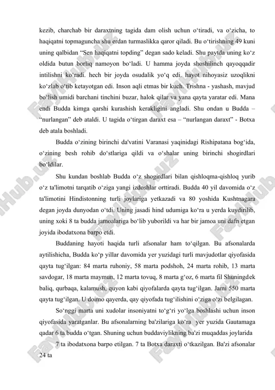 muqaddas joylarida 7 ta ibodatxona barpo etilgan. 7 ta botxa daraxti o‘tkazilgan. ba'zi afsonalar 24 ta budda avlodi o‘tgan desa, ba'zilari minglab buddalar o‘tgan deb da'vo qiladi. har qanday dinlar kabi buddaviylikning ham kelib chiqishi sababini xalqlarning yashash sharoiti va hayotidan, muayyan davrdagi ijtimoiy munosabatlaridan izlash va topish lozim. qadimgi hindistonda buddaviylik shakllangunga qadar murakkab sinfiy munosabatlar mavjud edi. kishilar oliy, o‘rta va quyi tabaqalarga ajratilib, oliyga braxmanlar, harbiylar, o‘rta tabaqaga - dehqonlar, eng quyi tabaqaga oddiy xalq, xizmatkor, cho‘rilar kiritilar edi. buddaviylik quldorlik jamiyatida braxmanlik mazhablaridan biri sifatida paydo bo‘lgan. u braxmanlikni jonning ko‘chib yurishi, jannat va do‘zax qaqidagi aqidalarni saqlab qolgan. buddaviylik braxmanlikni jamiyatning tabaqalarga bo‘linishi to‘g‘risidagi ta'limotga qarshi chiqib, barcha kishilar e'tiqodda teng huquqli deb e'tirof etgan. buddaviylikning diniy tenglik haqidagi goyasi odamlarning kastalarga bo‘linib ketishiga qarshi kurashda ijobiy rol' o‘ynagan. ayni paytda buddaviylik kishilar "azob-uqubat" chekishda va undan xalos bo‘lishda ham tengdirlar deb hisoblangan. markaziy osiyo …