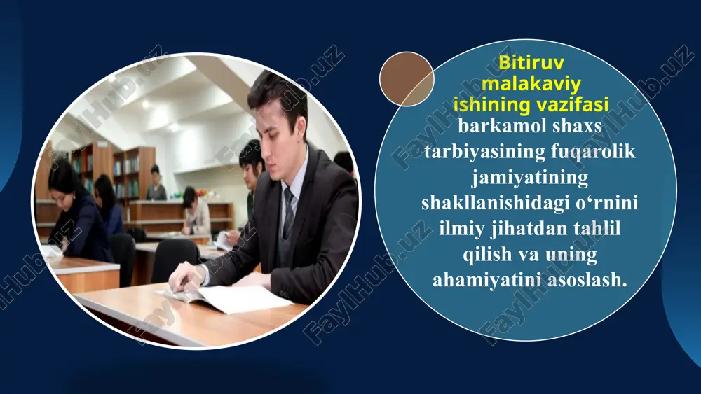 an oilada shakllanadi. ta’lim – insonning intellektual va axloqiy kamolotga erishishida muhim rol o‘ynaydi. ijtimoiy muhit – insonning atrof-muhiti, do‘stlari, jamiyatdagi tendensiyalar uning shakllanishida bevosita ta’sir ko‘rsatadi. 1. mehr-muhabbat va e’tibor bola oilada mehribonlik, hurmat va e’tibor ko‘rishi kerak. mehribon muhitda o‘sgan bola ijtimoiy hayotda ham mehribon va vatanparvar bo‘lib ulg‘ayadi 2. axloqiy tarbiya. ota-onaning axloqiy fazilatlari farzandga bevosita ta’sir qiladi. oilada halollik, adolat, rostgo‘ylik singari fazilatlar shakllanadi. 3. milliy qadriyatlarning shakllanishi o‘zbek oilalarida milliy urf-odatlar, qadriyatlar va an’analar avloddan-avlodga o‘tib kelmoqda. bola oilada vatanparvarlik ruhida tarbiyalansa, kelajakda jamiyat uchun foydali shaxs bo‘lib yetishadi. oilaviy tarbiyaning asosiy jihatlari: ta’lim insonning intellektual va axloqiy jihatdan kamol topishida muhim rol o‘ynaydi. barkamol shaxsni shakllantirishda maktabgacha ta’lim, umumiy o‘rta ta’lim, kasb-hunar va oliy ta’lim tizimi alohida o‘rin tutadi. ta’lim tizimining barkamol shaxs shakllanishidagi o‘rni bilim olish va ilmiy tafakkurning shakllanishi axloqiy va ma’naviy tarbiya zamonaviy texnologiyalar va innovatsiyalarni o‘zlashtirish tarbiyaviy dasturlar va ma’naviy-ma’rifiy …