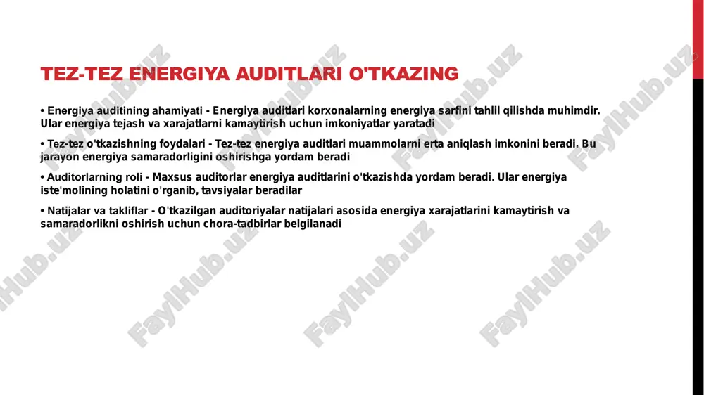 • siemens – energy intelligence suite overview, 2022 • abb – sanoat korxonalarida energiya tejamkor boshqaruv, 2020 • usaid energy program – metering systems for energy saving, 2021 • “hududiy elektr tarmoqlari” aj – energiyani nazorat qilishda zamonaviy yondashuvlar, www.het.uz • www.ieee.org – smart metering and energy management publications http://www.het.uz/ http://www.ieee.org/