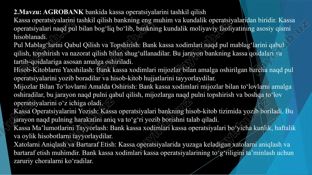 olingan mahsulotlar yoki xizmatlarni to‘lov qilish uchun olingan xarajatlarni to‘lash hujjatlarini saqlash va ularni hisob-kitob hujjatlariga kiritish. kassadan olingan to‘lovlar: kassadan olingan to‘lovlar uchun kassir darajasini yoki kassa buyurtmalarini saqlash va hisob-kitob hujjatlariga kiritish. hisob-kitob dasturida ro‘yhatlar: to‘lovlar, xarajatlar, kirim-kelishlar va boshqa moliyaviy operatsiyalarni hisoblash uchun dasturga ro‘yhatlar va hisoblar yaratish. 7.mavzu: toʻlov talabnomasi boʻyicha hisob kitoblar ularning rasmiylashtirilishi va hisobga olinishi to‘lov talabnomasi kompaniyaning xizmatlari yoki mahsulotlari uchun mablag‘larni qabul qilish jarayonini tavsiflaydi. asosiy jarayonlar: to‘lov shartlari: mablag‘ni qanday vaqtda to‘lov qilish kerakligi, to‘lov turlari (naqt, avans, to‘lov jadvali), to‘lov usullari (naqd pul, kartasi, onlayn to‘lovlar) kabi ma‘lumotlar. to‘lov miqdori: har bir xizmat yoki mahsulot uchun qancha mablag‘ to‘lov qilish kerakligi. 8.mavzu: to‘lov topshiriqnomalari bo‘yicha hisob-kitoblarning mazmuni, hisobi va rasmiylashtirilishi to‘lov topsiriqnomasi bo‘yicha hisob-kitoblar bank va mijoz o‘rtasida amalga oshiriladi. asosiy jarayonlar: to‘lov miqdori: xizmat yoki mahsulot uchun qancha mablag‘ to‘lov qilish kerakligi. to‘lov turlari: naqt, avans, to‘lov jadvali, …
