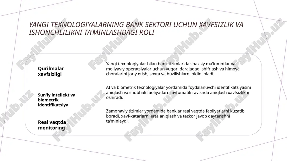 . innovatsion yondashuvlar va texnologiyalar yordamida bank xizmatlarini kengaytirish. o'zbekiston banklari jurnali, 2021. e'tiboringiz uchun rahmat! /docprops/thumbnail.jpeg