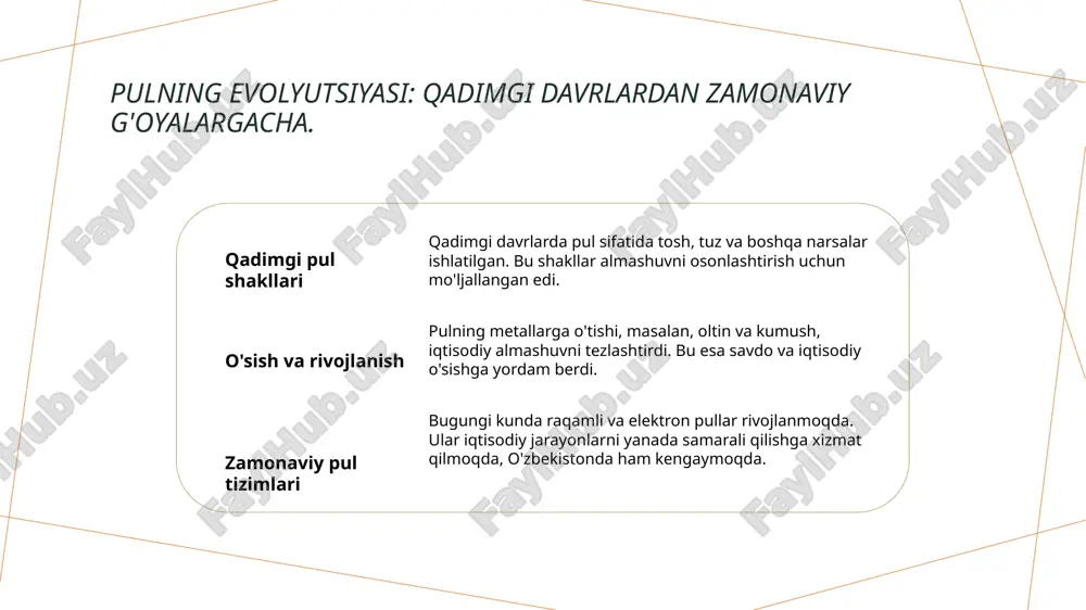 atli nazorat iqtisodiy barqarorlikni ta'minlaydi va investorlar ishonchini oshiradi. o'zbekistonda pul siyosati: xalqaro tajribalar va o'rganishlar. 1 xalqaro tajribalar o'zbekiston pul siyosati, xalqaro tajribalar asosida shakllanmoqda. mamlakatlararo hamkorlik va tajriba almashinuvi pul siyosatini yanada takomillashtirishga yordam beradi. 2 o'zbekistonning strategiyalari o'zbekiston, pul siyosatini modernizatsiya qilishda xalqaro standartlarga muvofiq strategiyalar ishlab chiqmoqda. bu, iqtisodiy barqarorlikni ta'minlashga qaratilgan. 3 muammolar va yechimlar o'zbekiston pul siyosatidagi muammolar, masalan, inflatsiya va valyuta kursi, xalqaro tajribalar bilan hal etilmoqda. yechimlar iqtisodiy o'sishga hissa qo'shadi. xulosa pul nazariyalarining ahamiyati pul nazariyalari iqtisodiy tizimni shakllantiradi, savdo va almashuv jarayonlarida muhim rol o'ynaydi, iqtisodiy barqarorlikni ta'minlashga yordam beradi. o'zbekistonda pul siyosati o'zbekistonda pul siyosati iqtisodiy barqarorlikni ta'minlash, inflatsiyani nazorat qilish va investorlar ishonchini oshirishga qaratilgan zamonaviy strategiyalarni amalga oshiradi. kelajak istiqbollari va yechimlar o'zbekistonning pul siyosati kelajakda iqtisodiy barqarorlikni saqlashga qaratilgan strategiyalarni ishlab chiqadi, xalqaro tajribalarni o'rganish orqali muammolarni hal etadi. foydalanilgan adabiyotlar 1. hoshimov, s. 'pul nazariyalari: …