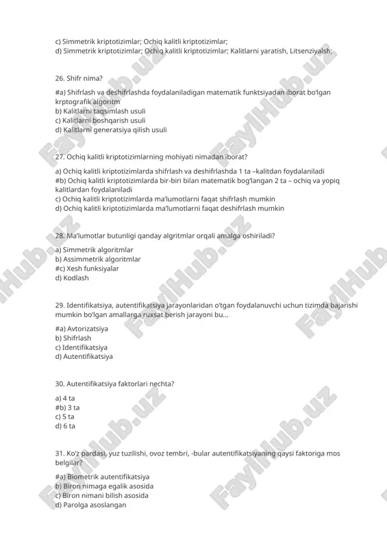 qaysi faktoriga mos belgilar? #a) biometrik autentifikatsiya b) biron nimaga egalik asosida c) biron nimani bilish asosida d) parolga asoslangan 32. shifrlash kaliti noma’lum bo‘lganda shifrlangan ma’lumotni deshifrlash qiyinlik darajasini belgilaydigan atamani toping. a) shifr matn uzunligi #b) kriptobardoshlik c) shifrlash algoritmi d) texnika va texnologiyalar 33. qog‘oz ma’lumotlarni yo‘q qilish odatda necha xil usuldan foydalaniladi? #a) 4 xil b) 8 xil c) 7 xil d) 5 xil 34. kiberjinoyat qanday turlarga bo‘linadi? #a) ichki va tashqi b) faol va passiv c) asosiy va quyi d) xalqaro va milliy 35. “kiberxavfsizlik to‘g‘risida” qonun qachon tasdiqlangan? #a) 15.04.2022 y b) 20.03.2021 y c) 02.01.2000 y d) 15.01.1995 y 36. kiberjinoyatchilik bu –. . . #a) kompyuter yoki boshqa qurilmalarga qarshi qilingan yoki kompyuter va boshqa qurilmalar orqali qilingan jinoiy faoliyat. b) kompyuter o‘yinlari c) faqat banklardan pul o‘g‘irlanishi d) autentifikatsiya jarayonini buzish 37. axborot xavfsizligiga bo‘ladigan tahdidlarning qaysi biri tasodifiy tahdidlar …