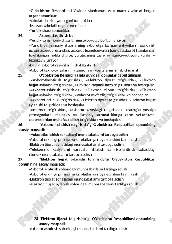 rtibga solish 29. axborot texnologiyalarini qo’llab avvaldan shakllantirilgan davlat xizmatlarini fuqarolar, biznes va davlatning boshqa tarmoqlariga axborotlarni taqdim etish nima deb ataladi? +elektron xukumat -elektron tijorat -elektron hujjat almashuvi -elektron biznes 30. davlat organining normativ-huquqiy hujjatlari ushbu organning rasmiy saytiga qaysi muddatda joylashtirilishi zarur? -besh ish kunidan kechikmay -ikki kundan kechikmay -o’n kundan kechikmay +bir oydan kechikmay 31. davlat axborot resurslarini hisobga olish va ro’yhatdan o’tkazish qaysi organ tomonidan amalaga oshiriladi? -o’zbekiston respublikasi ichki ishlar vazirligi +o’zr aloqa, axborotlashtirish va telekommunikasiya texnologiyalari davlat qo’mitasi -o’zbekiston respublikasi vazirlar maxkamasi -o’zbekiston respublikasi tashqi ishlar vazirligi 32. word qanday yuklanadi? + pusk – programmi - word - pusk – standartniye - word - pusk – programmi – standartniye - word - pusk – nastroyka - word 33.wordda hujjat ekranining ko`rinishini o`zgartirish uchun menyuning qaysi bo`limidan foydalaniladi? -fayl -vstavka -format +vid 34. wordda shriftni tanlash qaysi menyuda ko`rsatilgan? -fayl -vstavka +format - vid 35. …
