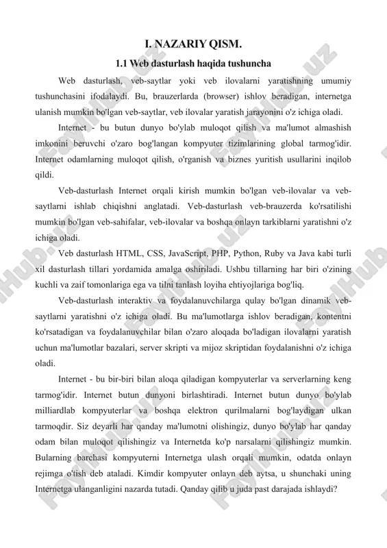 oriladi. ushbu ma'lumot yoki "ikkilik kodlar" manzilga boradi va agar jo'natuvchi tomonidan faqat ip manzili tufayli qabul qilingan bo'lsa, javob beradi. bir marshrutizator ma'lumotni boshqasiga yuboradi va bu ikkilik kodlar belgilangan joyga yetguncha davom etadi. server tomoni: endi server ikkilik kodni oladi va uni dekodlaydi va javobni quyidagi tarzda yuboradi: http/1.1 200 ok (bu erda 200 ok holat) kontent turi: turi/html sahifaning asosiy qismi endi bu server tomonidan ikkilik faylga aylantiriladi va uni so'ragan ip manzilga yuboriladi. kodlar mijoz tomonidan qabul qilingandan so'ng, brauzer ma'lumotni yana quyidagi tarzda dekodlaydi: birinchidan, u holatni tekshiradi u html tegidan hujjatni o'qishni boshlaydi va daraxtga o'xshash tuzilmani yaratadi. keyin html daraxti mos keladigan ikkilik kodga aylantiriladi va ekranda ko'rsatiladi. oxir-oqibat, biz veb-saytning old qismini ko'ramiz. quyida html hujjatining daraxt tuzilishi keltirilgan: internet va veb-dasturlash keng doiradagi foydalanish va ilovalarga ega. bu erda eng keng tarqalgan foydalanishning ba'zilari: muloqot: internet aloqada inqilob qildi, odamlarga elektron …