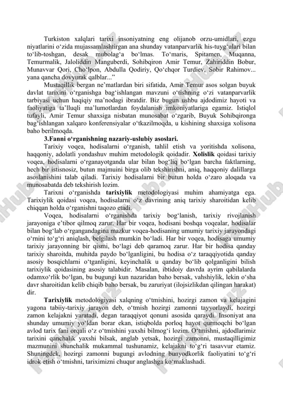da milliy davlatchilik asoslarini mustahkamlashga qaratilgan kuchli davlatdan – kuchli fuqarolik jamiyatiga boqichma-bosqich o‘tish vazifasi qo‘yildi. natijada, mamlakatning siyosiy va iqtisodiy hayotida demokratlashtirish va liberallashtirish jarayonlari chuqurlashdi, inson haq-huquqlari va erkinliklarini himoya qiluvchi mustaqil sud tizimi mustahkamlandi, fuqarolik jamiyati asoslari rivojlandi, fuqarolarning iqtisodiy va siyosiy faolligi ortib bordi. 2017 yildan boshlab yangi, to‘rtinchi bosqichga qadam qo‘ydik. ushbu bosqich demokratik islohotlar va mamlakatni modernizatsiyalash jarayonini yanada chuqurlashtirish bosqichi hisoblanadi. o‘zbekistonda olib borilayotgan islohotlar samarasini yanada oshirish, davlat va jamiyatning har tomonlama va jadal rivojlanishi uchun shart-sharoitlar yaratish, mamlakatimizni modernizatsiya qilish hamda hayotning barcha sohalarini liberallashtirish bo‘yicha ustuvor yo‘nalishlarni amalga oshirish maqsadida o‘zbekiston respublikasi prezidenti sh.mirziyoev tomonidan olib borilayotgan izchil islohotlar, qabul qilingan xarakatlar strategiyasi va boshqa davlat dasturlarini amalga oshirish borasida olib borilayotgan chuqur islohotlar natijalarini o‘rganishga qaratilgan. ushbu bosqich davlat hokimiyati va boshqaruvini yanada demokratlashtirish, xalq davlat uchun emas, davlat idoralari xalq uchun xizmat qilishi kerak tamoyilining ilgari surilishi, xalq …