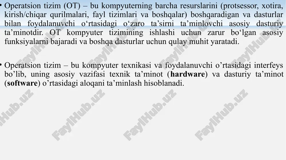 oogle) va ios (apple) kabi mobil operatsion tizimlar paydo bo‘ldi. ular smartfonlar va planshetlar uchun mo‘ljallangan. bulutli operatsion tizimlar: bulutli texnologiyalar rivojlanishi bilan bulutli operatsion tizimlar (masalan, chrome os) paydo bo‘ldi. virtualizatsiya va konteynerlar: virtual mashinalar (vmware, virtualbox) va konteynerlar (docker) keng qo‘llanila boshladi. iot operatsion tizimlari: internet of things (iot) qurilmalari uchun maxsus operatsion tizimlar (masalan, raspbian, freertos) ishlab chiqildi. operatsion tizimlarning kelajagi sun’iy intellekt va mashina o‘rganishi: otlar sun’iy intellekt va ma’lumotlarni tahlil qilish funksiyalarini qo‘llab-quvvatlaydi. kvant kompyuterlar uchun otlar: kvant kompyuterlarining rivojlanishi bilan ular uchun maxsus operatsion tizimlar ishlab chiqilmoqda. kengaytirilgan reallik (ar) va virtual reallik (vr): ar va vr texnologiyalari uchun maxsus operatsion tizimlar rivojlanmoqda. operatsion tizimlarning tasnifi operatsion tizimlarni quyidagi jihatlarga ko‘ra tasniflash mumkin: foydalanish maqsadiga ko‘ra: umumiy maqsadli otlar (windows, linux, macos) – turli xil vazifalarni bajarish uchun mo‘ljallangan. maxsus maqsadli otlar (real-time os, embedded os) – maxsus vazifalarni bajarish uchun mo‘ljallangan (masalan, sanoat …