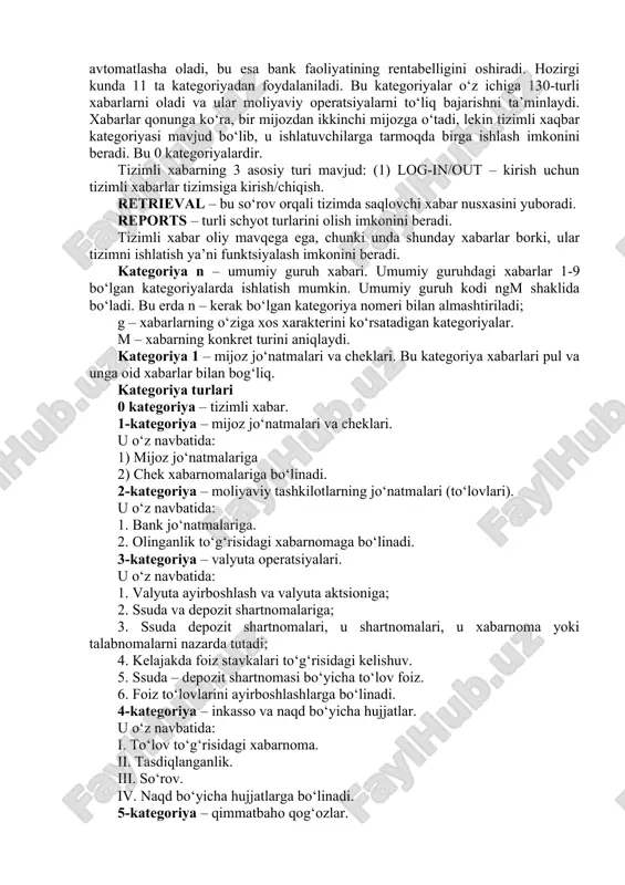 ir. hozirgi kunda swift tarmog‘iga 105 ta davlat a’zo bo‘lib, shulardan 28000 moliyaviy korxonalar va banklar a’zo bo‘lishgan. swift tarmog‘i aktsionerlik jamiyati hisoblanadi. swiftning yana bir kamchiligi ikki tashkilotni juda murakkab texnik tizimga tobeligi va shu bilan bog‘liq texnik muammolar va ishdan chiqishlari kamchiligidir. swift hisoblash markazlarida xavfsizlikni ta’minlovchi dasturlardan tashqari, an’anaviy to‘lov tizimlaridan farqi o‘laroq tizimini maxsus choralar joylashtirilgan: - sessiyaning boshlanishi va oxirida tizim terminalidan foydalanishni tekshirish; - hamma kirish va chiqish ma’lumotlarni avtomatik raqamlash, raqamlash tarkibi tizimining o‘zi bilan nazoratlanadi; - individual kalitlarga qarab ikki bank orasida avtomatik ma’lumot almashinish; - qabul qiluvchi - bank tomonida axborotlarni avtomatik tekshirish. swift aloqa liniyalari va operatsion markazlarini ruhsatsiz tashriflardan muhofaza qilish maxsus kodirovka qilish moslamalari (tasodifiy sonlar generatori tomoyilida) tomonidan ta’minlanadi. 4. swiftning asosiy yo‘nalishi moliyaviy axborotlarni bir tizimga, tizimga keltirishdir. xabarlarni chop etuvchi standart mashinalarning formati shunday tashkil qilinganki, u har bir davlat bankining milliy xususiyatlariga bog‘liq bo‘lmaydi, …