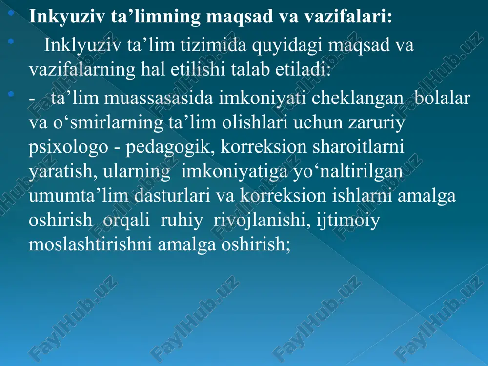 sharoitlarga moslashtirilishi lozim. optimal integratsiya erishish uchun markazlashtirilmagan bo‘lish muhimdir. bu ayniqsa qishloq sharoitlarida ayni muddao bo‘ladi. inklyuziv ta’limning vazifalari nogiron bolalarga o‘z ota-onalari balan birga bo‘lish, ularga xuddi tengdoshlari kabi o‘zlariga yaqin bo‘lgan maktablarda ta’lim olish imkonini beradi. bu ularning shaxsiy sifatilarining shakllanishida muhim ahamiyatga ega. nogiron bolaning normal rivojlanishiga halaqil berish, nogironlikdan ham og‘irroq holatlarga olib kelishi mumkin. inklyuziv ta’limda kompleks yondashishi tamoyili nogiron bolalrga ularga nogiron deb faqatgina nuqson jihatdan yondashishi emas, balki bu bolalrga har tomonlama yondashish lozim. bu esa maxus ehtiyojli bolalar uchun ta’lim masalasini rejalashtirayotgan uning butun hayoti davomida yuzaga kelishi mumkin bo‘lgan ehtiyojlini hisobga olgan holda tuzishni talab etadi. bundan tashqari inklyuziv ta’limda nogiron boladagi mavjud nuqonlarni bartaraf etish, korreksiyalash, kompensatsiya qilish bilan bir qatorda bilim ko‘nikmalarga ega qilish, kasb hunarga o‘rgatish ishlarini parallel ravishda olib borish talab etiladi. bu tamoyilning mohiyatida maxsus ehtiyojli bolalarga ilk yosh davrida erta yondashish ham yotadi. maxsus …