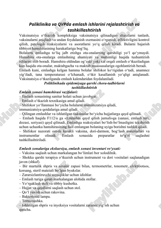 lsa, vaksinani saqlash sharoitini tekshirish; - vaksina sifatida ehtimoliy buzilish belgilarini (yaroqlik muddatining o‘tishi, hiralik va yangilik); - vaksina yuborilganga qadar tekshirish; - vaksina yuboriladigan joyni ko'zdan kechirish; - teri yuzasiga spirtda namlangan tampon bilan bilan ishlov berish; - emlash taqvimiga muvofiq vaksina yuborish vaqtini aniqlash; - vaksina yuborishning to ‘g‘ri texnikasidan foydalangan holda kiritish; - vaksinalash xavfi va vaksinalashdan bosh tortgandagi xavf to‘g‘risida ma’lumot berish; - ota-onalardan vaksinatsiya o ‘tkazilguniga qadar savolnomani to‘ldirishni so'rash; - vaksina yuborilgandan keyin ota-onalarga vaksinalashga umumiy yoki jiddiy reak siyalar paydo bo‘lgan holatlarda qo‘llanishi zarur bo lgan chora to‘g‘risida yozma shaklda ma’lumot berish; - tegishli hujjatlarda (mijozning shaxsiy tibbiy kartasida ham) o‘tkazilgan vaksinalashni qayd etib qo'yish; - oilaning boshqa a ’zolarini immunizatsiyalash holatini tekshirishi va iloji bo‘lsa, vaksinalashni taklif etish. ota-onalarning roziligi rozilikni olish: 1. klinikaga bolaning ota-onalari yoki vasiylari kelguncha ularni vaksinatsiya o ‘tkazilgunga qadar tekshirish varaqasi bilan tanishtirish. vaksinalashning foydasi va xavfi …