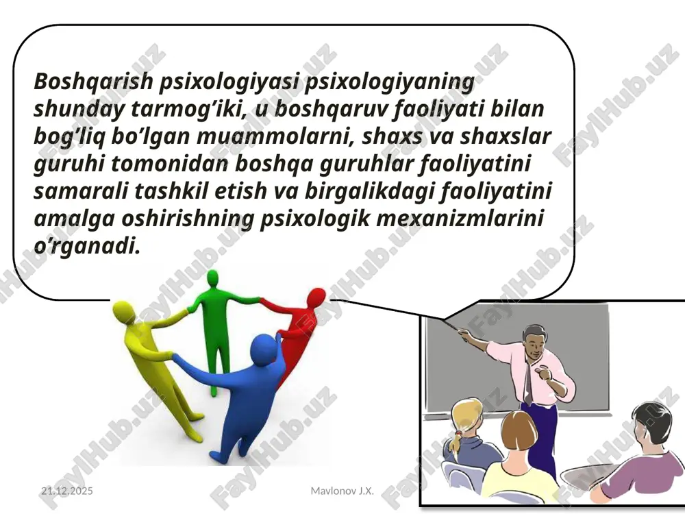 birga, rahbar kelajak o‘tmishdagi rasm-rusm, yo‘l-yo‘riqlarni isloh qilishni lozim topsa, turmush sharoiti taqozosiga qarab o‘zgartiradi. shuningdek, yomon odatlarni o‘zida ifodalovchi o‘tmishni ham o‘zgartirmog‘i kerak. aks holda o‘tmishning talablariga rioya etib, uning kayfiyati saqlansa, turmushda hech qanday yengillik, o‘zgarish va o‘sish ham bo‘lmaydi» 09.09.2021 mavlonov j.x. 24 abu rayhon beruniy «hindiston» «tabiati jihatidan boshqarish va siyosat ishlariga qiziquvchi, boshliq bo‘lishga fazilat va kuchi bilan haqli, fikr va maqsadda sabotli, davlatni o‘zidan keyingilarga qoldirib, ularning o‘z ota-bobolariga qarshi bo‘lmasliklarini maqsad qilib olgan kishi tomonidan berilgan har bir buyruq, buyurilgan kishi oldida turg‘un tog‘lar singari mahkam bo‘lib, u buyruqqa ko‘p vaqtlar va uzoq zamonlar o‘tsada, keyingilar ham bo‘ysunadilar». beruniy abu rayxan. indiya. soch., t.2. – t.: «fan», 1963. – s. 125. 09.09.2021 mavlonov j.x. 25 abdulla avloniy «turkiy guliston yoxud axloqga oid» «har qanday nisbatan katta miqyosdagi bevosita ijti­moiy yoki birgalikdagi qilinadigan mehnat idora qiluvchiga ma’lum darajada muhtojdir, bu idora qiluvchi shaxsiy ish­larni …