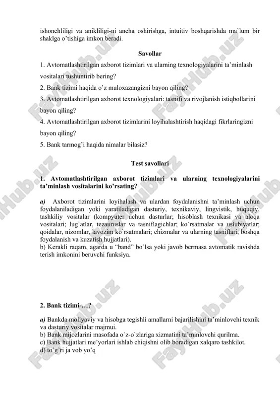 r qismidan yakkahokim sifatda foydalanadi. ikkinchi holda, axborot tizimining barcha jihozlari va dasturiy ta’minoti faqat bank tizimlarini ishlashi uchun mo`ljallangan bo`ladi (masalan, swift tarmog`i). bank tarmog`ining asosiy vazifalari bo`lib, banklar, ularning tarkibiy qismlari va bo`limlari orasida moliyaviy elektron hujjatlarni uzatish; hisoblarni bajarishda tranzaksiyalarni quvvatlash; moliyaviy mb dan erkin foydalanishni ta’minlash; uzoqlikdagi bankomatlarning ishini quvvatlash; banklarning mahalliy tarmoqlarini birlashtirish; moliya axborot tizimlaridan erkin foydalanish ; ma’lumotlarning xavfsizligini ta’minlash. «mijoz-server» arxitekturasi banklarning axbo-rot texnologiyalarini qurilishidagi texnik yechimlar-ga zamonaviy yondashishning asosi bo’ladi. bu texnik ta`minlanishni tashkil qilish va axborotlarni ish-lab chiqishni mijoz (itchi stantsiya) va server deb nomlangan ikkita tarkibiy qism o’rtasida taqsimla-nishini ko’zda tutadi. ikkala qism birlashtirilgan komp yuterlarda bajariladi. bunda mijoz serverga so’rovlar yuboradi, server esa ularga xizmat ko’rsatadi. bunday texnologiya tarkiblashtirilgan so’rovlarning maxsus tiliga ega kasbiy mbbtda amalga oshiriladi. «mijoz-server» texnologiyasining amalga oshiri-lish variantlaridan biri uning uch bosqichli arxitek-turasidir. tarmoqtsa kamida uchta komp yuter: mijoz qismi (ishchi stantsiya), qo’llanishlar serveri …