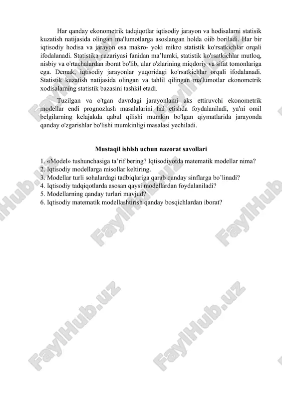 anishni; ob'ektning holati va rivojlanishini tushuntiruvchi (hech bo’maganda dastlabki) gipotezalarni shakllantirishni o'z ichiga oiadi. matematik modelni qurish. bu bosqich iqtisodiy muammoni formallashtirish, uni tayinli matematik bog'lanishlar va munosabatlar (funksiyalar. tenglamalar, tengsizliklar va h.k.) ko'rinishida ifodalash bosqichidir. odatda avval matematik modelning asosiy qurilmasi (turi) aniqlanadi, so'ngra bu qurilmaning tarkibiy qismlari (o'zgaruvchiiar va parametrlarning aniq ro'yxati, bog'lanishlar shakli) aniqlashtiriladi. modelni matematik tahlil qilish. bu bosqichning maqsadi modelning umumiy xossalarini aniqlashdan iborat. bu yerda tadqiqotning sof matematik usullari qo'llaniladi. modelning analitik tadqiqotida yechimning mavjudligi, yagonaligi, yechimga qaysi o'zgaruvchilar (noma'lumlar) kirishi mumkinligi, ular orasidagi munosabatlar, bu o'zgaruvchilar qaysi doirada va qanday dastlabki shartlarga bog’iq ravishda o'zgarishi, ularning o'zgarish yo'nalishlari va shu kabi masalalar oydinlashtiriladi. modelning analitik tadqiqoti empirik (sonli) tadqiqotiga nisbatlari shunisi bilan afzalki, bunda olinayotgan xulosalar modelni tashqi va ichki parametrlarining har xil tayinli qiymatlarida o’z kuchini saqlaydi. sonli yechish. bu bosqich masalani sonli yechish uchun algoritrnlarni ishlab chiqish, ehmlarda dasturlar tuzish va …