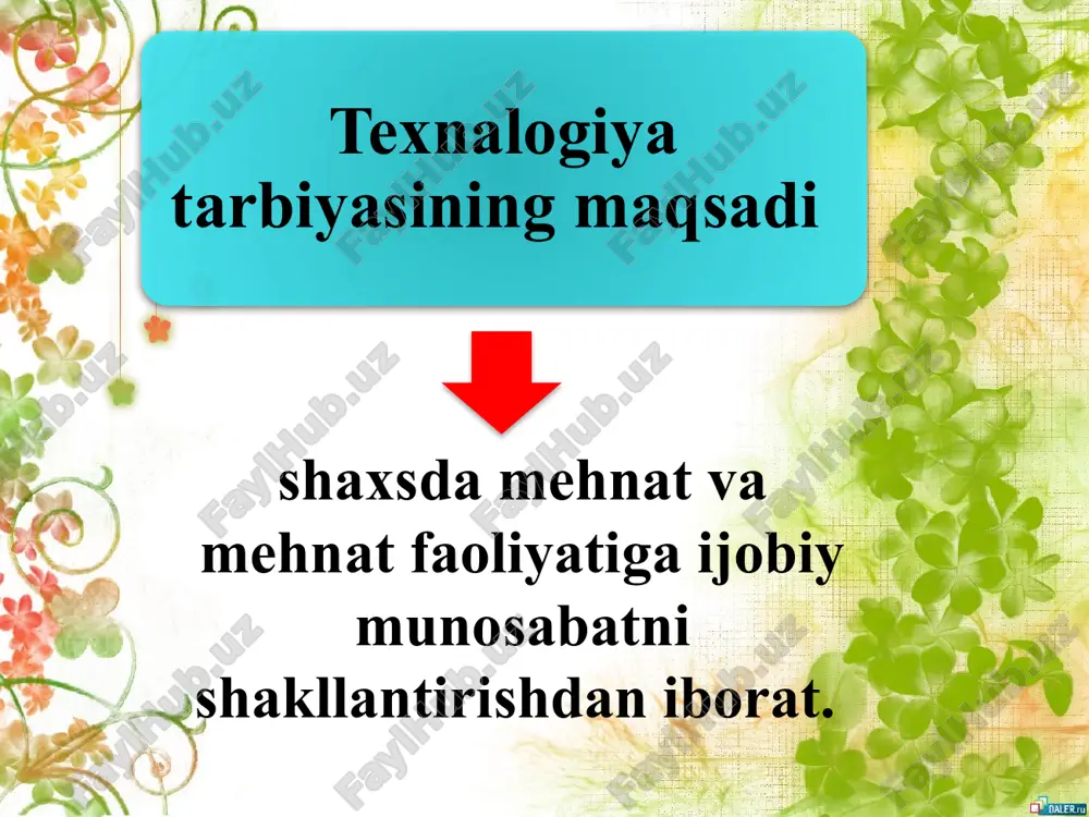 da va darsdan tashqari sharoitlarda mehnatning ijtimoiy jamiyatda tutgan o‘rni va rolini, inson kamolotini ta’minlash omili ekanligini, shaxsning qobiliyati va iqtidorini mehnat jarayonida takomillashib borishini hayotiy misollar yordamida bilib olishlari lozim. mehnat ta’limi va tarbiyasini tashkil etishda bugungi kunda an’anaviy va noan’anaviy shakllardan foydalanilmoqda. xu­susan, texnalogiya bayramlari, ishlab chiqarish ko‘rgazmalari, hashar, “mohir qo‘llar” tanlovi, “quvnoq shahar ustaxonasi”, “yosh radio-texniklar to‘garagi” va ijodiy markazlar faoliyati, shuningdek, ustoz-shogird an’analari asosida faoliyat olib boruvchi yakka tartibdagi kasb-hunar ta’limi va boshqalar. mehnat tarbiyasi to‘g‘ri yo‘lga qo‘yilgan ta’lim muassasalarida o‘quvchilar maktabga kelgan dastlabki kunlardanoq o‘zlarining yosh va psixologik xususiyatlariga mos mehnat faoliyatiga jalb qilinadilar. bunda ular o‘z-o‘ziga xizmat qilish borasidagi eng oddiy yumushlarni bajaradilar (chunonchi, sinf xonasi ozodaligini saqlash, o‘quv qurol­larini ta’mirlash, kitoblarni yelimlash, o‘quv anjomlarini darsga tayy­orlash va hokazolar). mehnatga ruhiy, axloqiy va amaliy tayyorlash jarayonida o‘quvchilarda mehnatsevarlik, mehnatni tashkil etish jarayonida intizomga bo‘ysunish, maqsadni amalga oshirish yo‘lida shijoat, qat’iyat ko‘rsatish, axloqiy-irodaviy xususiyatlar tarbiyalanib …