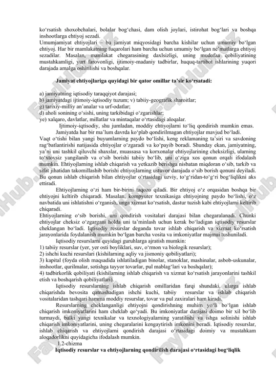 g‘batlantiradi. ayirboshlash – jamiyat a’zolarining iqtisodiy faoliyat turlari yoki ishlab chiqarish natijalari bo‘yicha ma’lum bir o‘lcham (masalan, qiymat miqdori) asosida o‘zaro almashish jarayoni. mehnat taqsimoti natijasida ayrim guruh kishilar tovar va xizmatlarning ma’lum turlarini ishlab chiqarish va yetkazib berishga ixtisoslashadilar. har bir tovar turini ishlab chiqaruvchi o‘z tovarini sotib, o‘ziga kerakli bo‘lgan boshqa tovar yoki xizmatlarni sotib oladi. jumladan, bizning misolimizdagi nonvoy ham o‘z mahsuloti – nonni sotib, tushgan puliga qassobdan – go‘sht, dehqondan – sabzavotlar, do‘kondordan – kiyim-kechak va boshqa zarur tovarlarni sotib oladi. natijada turli xil yo‘nalishdagi ishlab chiqaruvchilar yoki xizmat ko‘rsatuvchilar o‘rtasida iqtisodiy aloqa – ayirboshlash, pul orqali oldi-sotdi jarayoni sodir bo‘ladi. iste’mol – ehtiyojlarni qondirish maqsadida mahsulot va xizmatlarning ishlatilishi, foydalanilishi jarayoni. iste’mol takror ishlab chiqarishning oxirgi fazasi bo‘lib, bu jarayon orqali jamiyat a’zolarining turli-tuman ehtiyojlari qondiriladi. iste’mol ikki turda bo‘ladi: ishlab chiqarish (unumli) iste’moli va shaxsiy iste’mol. ishlab chiqarish vositalari va ishchi kuchidan ishlab chiqarish …