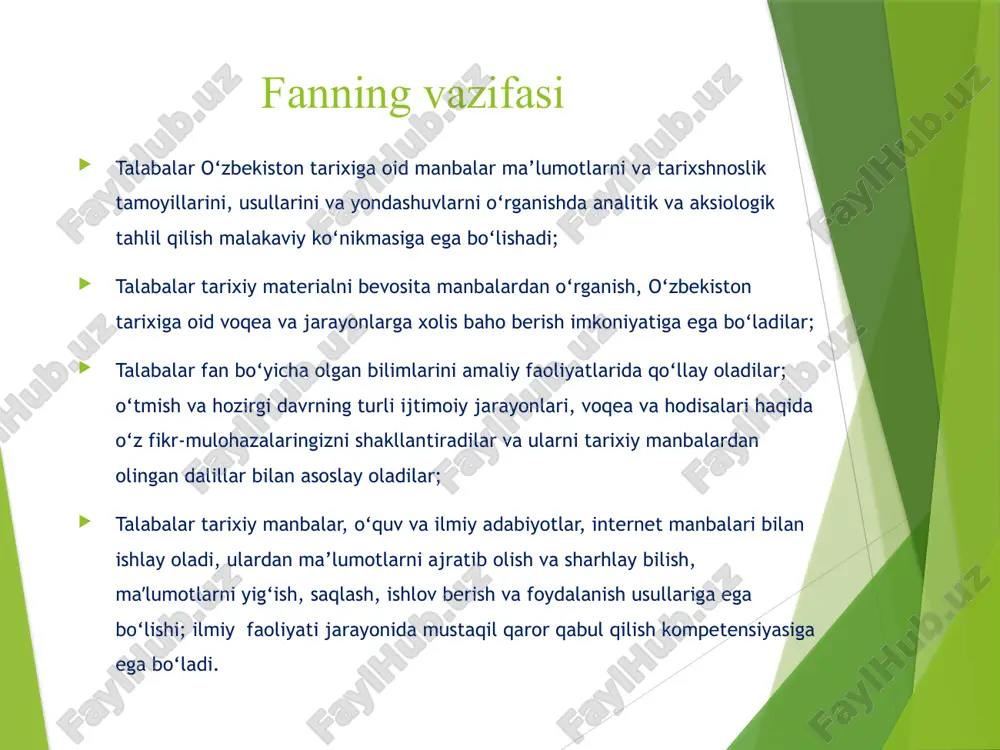 a. alimova. – toshkent: bookmany print, 2024. – 524 b. zamonov a. o‘zbekiston tarixi. iv-qism (xvi asr - xix asr o‘rtalari). oliy o‘quv yurtlarining tarix yo‘nalishi talabari uchun darslik. – t.: bayoz, 2022. istoriya uzbekistana. – tashkent: fan, 2012. polvonov n. o‘zbekiston tarixi xrestomatiyasi. 1-qism. o‘quv qo‘llanma. t.: info capital group, 2018. manbashunoslik. darslik. o‘zbekistonning eng yangi tarixi masalalari bo‘yicha muvofiqlashtiruvchi-metodik markaz, 2021. – t.: «turon-iqbol», 2021. – 480 b. zaytseva t.i. zarubejnaya istoriografiya. moskva, 2011. image1.png /docprops/thumbnail.jpeg