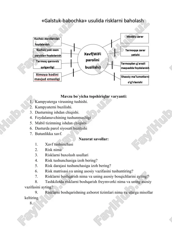 arni baxolash usullari 4. risk tushunchasiga izoh bering? 5. risk darajasi tushunchasiga izoh bering? 6. risk matrisasi va uning asosiy vazifasini tushuntiring? 7. risklarni boshqarish nima va uning asosiy bosqichlarini ayting? 8. tashkilotda risklarni boshqarish freymvorki nima va uning asosiy vazifasini ayting? 9. risklarni boshqarishning axborot tizimlari nima va ularga misollar keltiring. 8. risklarni baholash usullari. nosozliklarni tahlil qilish. nosozliklarni tahlil qilish usuli nomaqbul hodisaga olib keladigan omillarni aniqlash va tahlil qilish uchun foydalaniladi. o'rganilgan omillar ular yuzaga kelishi mumkin bo'lgan ketma-ketlikda joylashtiriladi va mantiqiy bog'liqdir. bularni tahli qilish uchun quyidagi bosqichlarni amalga oshirish kerak bo`ladi. ushbu usulni amalga oshirishni quyidagi bosqichlarni ajratishi mumkin: 1. tekshirilishi kerak bo'lgan yakuniy hodisani aniqlash. 2. yakuniy voqeadan boshlab, yakuniy hodisaga olib keladigan sabablarni topish 3. belgilangan sabablarga olib kelishi mumkin bo'lgan aniq voqealar yoki nosozliklarni aniqlash uchun ko'rsatilgan sabablarni tahlil qilish. 4. keyingi darajadagi sabablarni izchil tahlil qilish va hokazo, hozircha tahlil noto'g'ri …