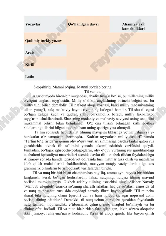y osiyoning turli joylarida ikki xil turk yozuvi yodgorliklari topildi. bu yozuv yodgorliklari, keyin aniqlanishicha, qadimgi turk va qadimgi uyg‘ur yozuv yodgorliklari bo‘lib chiqdi. bu yozuvlarning ahamiyati juda kattadir. turk xalqlarining tarixi uchun ham, turk tillari tarixi uchun ham bu yodgorliklar g‘oyat qimmatlidir. shu bilan birga bu yozuvlarning etnografik ahamiyati ham bor. qadim zamonlarda turk xoqonlarining qabriga o‘lgan kishining tarjimai holi, qilgan ishlari, olib borgan urushlarini aks ettiruvchi bitik toshlar qo‘yar ekanlar. shuningdek, bu yozuvlar qadimgi turk davlatining qurilishi, ijtimoiy tuzumi haqida ham ancha yaxshi tasavvur beradi. qadimgi turk yozuvi yodgorliklari dastlab o‘rxun va enasoy (shimoliy mo‘g‘uliston) daryolari bo‘ylarida topilganligi uchun ularni o‘rxun-enasoy yozuvlari deb atadilar. keyinchalik bu yozuvlar g‘arbiyyevropa run yozuvlariga o‘xshash bo‘lganligi uchun ularni runik yozuvlar nomi bilan ham yurgizdilar. xix asr oxirlarida, runik yozuvlardan tashqari, sharqiy turkistonda uyg‘ur yozuvi yodgorliklari ham topilgan, keyinroq uyg‘ur yozuvi yodgorliklari ham markaziy osiyo territoriyasida topildi. x-xv asrlarda yaratilgan bu yodgorliklarning ko‘pchiligi …