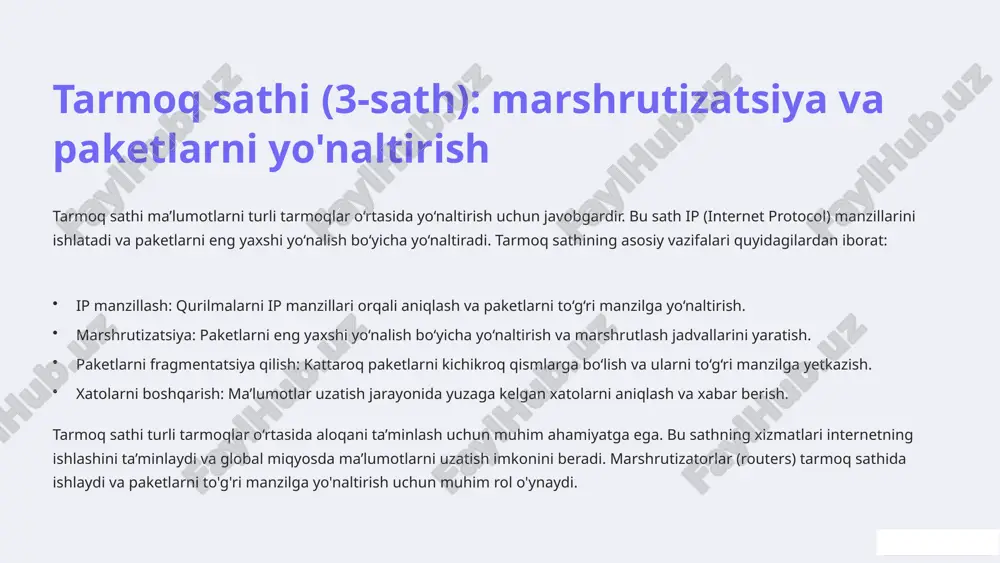 taqdim etish: foydalanuvchilarga tarmoq xizmatlari bilan o‘zaro aloqa qilish imkoniyatini beruvchi interfeysni taqdim etish. ilovalar sathi foydalanuvchi dasturlarining tarmoq bilan aloqa qilishini ta’minlaydi. bu sathning xizmatlari internetning ishlashini ta’minlaydi va foydalanuvchilarga turli xil tarmoq xizmatlaridan foydalanish imkoniyatini beradi. 9 osi modelining zamonaviy tarmoq texnologiyalarida ahamiyati va qo'llanilishi osi modeli zamonaviy tarmoq texnologiyalarida muhim rol o‘ynaydi. garchi tcp/ip modeli ko‘proq qo‘llanilsa-da, osi modeli tarmoq protokollarini tushunish va ishlab chiqish uchun asosiy konsepsiya bo‘lib qolmoqda. osi modelining afzalliklari quyidagilardan iborat: standartlashtirish: tarmoq protokollarini standartlashtirish va turli xil qurilmalar o‘rtasida o‘zaro muvofiqlikni ta’minlash. modullashtirish: tarmoq protokollarini modullashtirish va har bir sathning vazifalarini aniq belgilash. muammolarni aniqlash: tarmoqdagi muammolarni aniqlash va bartaraf etishni osonlashtirish. o‘qitish va tushuntirish: tarmoq texnologiyalarini o‘qitish va tushuntirish uchun qulay vosita. osi modeli tarmoq protokollarini ishlab chiqish, tarmoq muammolarini aniqlash va bartaraf etish, hamda tarmoq texnologiyalarini o‘qitish uchun muhim ahamiyatga ega. zamonaviy tarmoq texnologiyalari, masalan, bulutli hisoblash, virtualizatsiya va sdn …