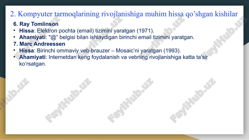 ds institute) 5. kompyuter tarmoqlarining standartlari iso (international organization for standardization) – xalqaro standartlashtirish tashkiloti bo‘lib, turli sohalar, jumladan, texnologiya, ishlab chiqarish, sog‘liqni saqlash, atrof-muhit va axborot texnologiyalari uchun standartlarni ishlab chiqadi. tashkil etilgan yili: 23-fevral, 1947-yil bosh office: jeneva, shveytsariya a’zolar soni: 160+ davlat vazifasi: mahsulotlar, xizmatlar va tizimlarning sifati, xavfsizligi va samaradorligini ta’minlash uchun global standartlarni ishlab chiqish. 5. kompyuter tarmoqlarining standartlari iso ning asosiy vazifalari xalqaro standartlarni ishlab chiqish – turli sohalarda moslashuvchan va samarali ishlaydigan standartlarni yaratish. texnologik taraqqiyotni qo‘llab-quvvatlash – yangi texnologiyalarni ishlab chiqish va ularni keng joriy etishga ko‘maklashish. mahsulot va xizmatlar sifatini oshirish – iste’molchilar va ishlab chiqaruvchilar uchun sifat va ishonchlilikni ta’minlash. savdo-sotiqni yengillashtirish – xalqaro savdo jarayonlarini soddalashtirish va mahsulotlarning global moslashuvini ta’minlash. xavfsizlik va ekologiyani himoya qilish – mahsulot va xizmatlarning inson va atrof-muhitga zarar yetkazmasligini kafolatlash. 5. kompyuter tarmoqlarining standartlari ieee (institute of electrical and electronics engineers) – elektr …
