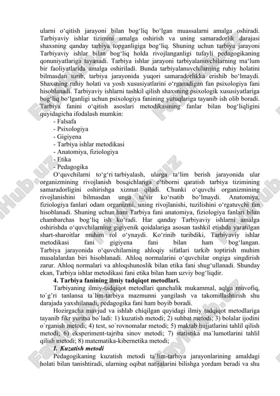 o‘lishdek pedagogik xatolikka olib keldi. buning natijasida tarbiya maqsadsiz bo‘lib qoldi, tarbiyalanuvchilarga alohida shaxssifatida emas, istalgan ijtimoiy yo‘nalishga solinishi mumkin bo‘lgan qiyofasiz to‘da, olomon tarzida qarash qaror topdi, bu holtarbiyaning samarasizligiga olib keldi. chunki tarbiyaning asosiy ob’ekti bo‘lmish shaxs va uning o‘ziga xoslik jihatlari unutilgan edi. sho‘ro pedagogik tizimidagi kamchiliklarning ildizi, asosan, manashu yondashuv tarziga borib taqaladi. o‘zbekiston mustaqillikka erishgach, tarbiya va unga bog‘liq jarayonlarga yangi hamda sog‘lom pedagogik tafakkurga tayangan holda yondashuv qaror topa boshladi. uni izohlashda g‘ayriilmiy sinfiy-partiyaviy yondashuvdan voz kechildi. tarbiyaning milliyligiga alohida e’tibor qaratilmoqda. buning uchun xalq pedagogikasi boyliklari, o‘zbek mutafakkirlarining pedagogik qarashlari sinchkovlik bilan o‘rganilayotir. natijada, o‘zbekiston pedagogika fani va amaliyotida oila tarbiyasining ham, ijtimoiy tarbiyaning ham o‘ziga xos o‘rni borligi tan olina boshlandi. shuningdek, tarbiyada irsiy va biologik omillar ham hisobga olinadigan bo‘ldi. ayni vaqtda, shaxsning shakllanishida tarbiyaning o‘rniga keragidan ortiq baho berish ham barham topdi. bu hol tarbiyaga doir hodisa va holatlarni to‘g‘ri …