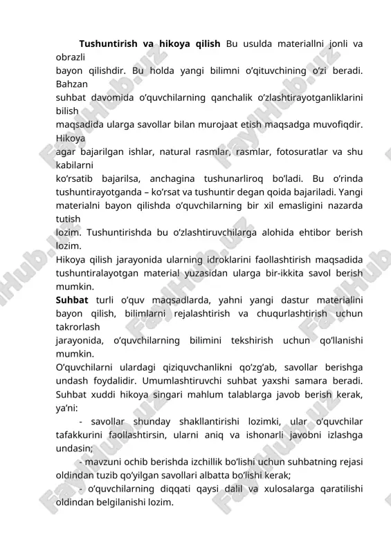 ning takrorlanishi bo’lgani uchun o’quvchilarda bajarilayotgan ishga nisbatan qiziqishini saqlash talab etiladi. mashqlar yakunida ishlarni tahlil qilish, eng yaxshi ishlarning tahliliga tayanib, kim qanday natijalarga erishganligini ko’rsatish lozim. ayni bir vaqtda kamchiliklar ustida ham to’xtash va ishning sifatini yaxshilash yoki bajarish tezligini oshirish uchun nimalar qilish kerakligini tushuntirish lozim. amaliy ishlar o’quvchilarga egallangan bilimlarini amalda qo’llashni o’rgatishga yordam beradi. amaliy ishlarni bajarish rejasini o’quvchilarning o’zlari mustaqil tuzishlari katta tarbiyaviy ahamiyatga egadir. ko’rgazmali qurollarni o’quvchilar tomonidan bajarilishini ham amaliy ishlarga kiritish mumkin. bu egallagan bilimlarni mustahkamlashga yordam beradi. laboratoriya ishlari ishlari tahlimning turli bosqichlarida bo’lishi mumkin. laboratoriya ishlarini o’tkazilishi egallagan bilimlarni ishonarlilik kuchini oshiradi, bilimlarni mustahkamlashga yordam beradi, ularni amalga qo’llashga o’rgatish uchun xizmat qiladi. laboratoriya ishlari yangi bilimlarni berish maqsadlarida ham o’tkazilishi mumkin. laboratoriya ishlari jarayonida o’quvchilarda mahsuliyatni his etish, kuzatuvchanlik, diqqatlilik rivojlanadi. mustaqil ishlar – bu o’qituvchining bevosita ishtiroksiz, biroq uning topshirig’i bilan maxsus ajratilgan vaqtda bajariladigan ishlardir. bu …