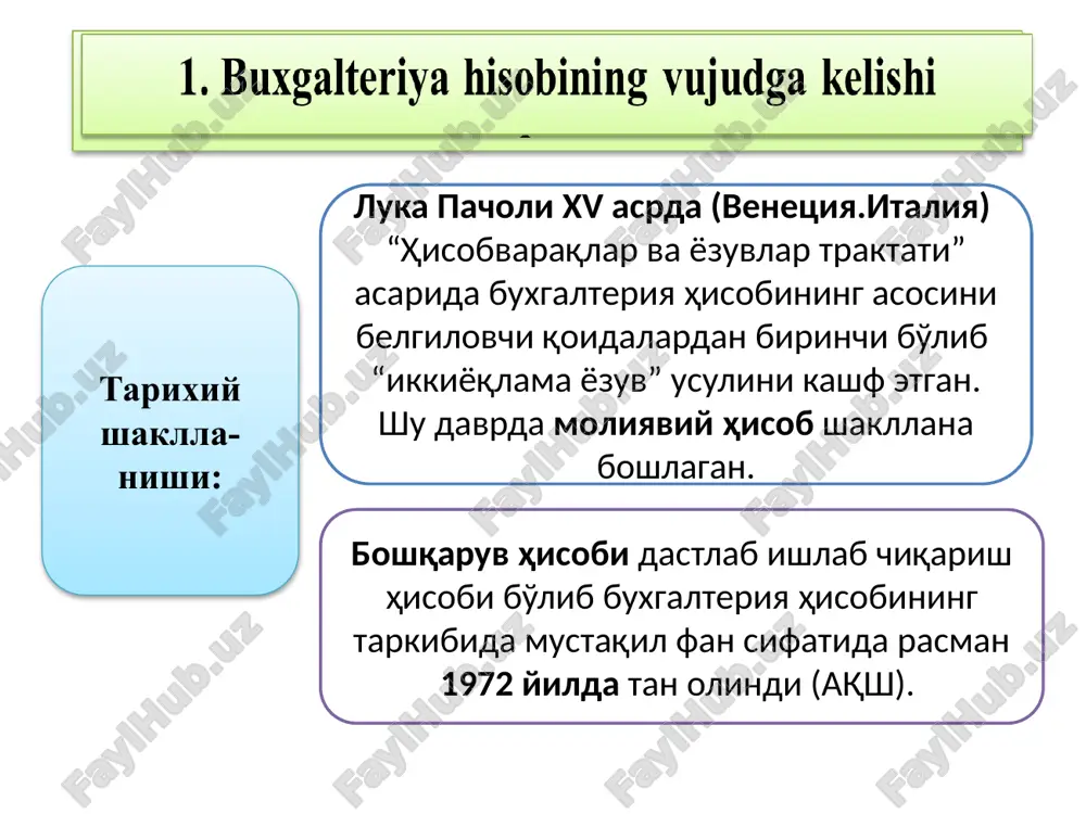 hda foydalangan hisob siyosatidan, mazkur siyosatdagi barcha o'zgarishlardan va shunday o'zgarishlarning natijalaridan xabardor bo'lishlari kerak. 20 3. moliyaviy va boshqaruv hisobiiing asosiy tamoyillari (printsiplari) ahamiyatlilik moliyaviy axborotning ahamiyatliligi shundan iboratki, bu axborot foydalanuvchilar qarorlar qabul qilish jarayonida va operatsion, moliyaviy hamda xo'jalik faoliyat hodisalariga baho berishda ularning talabini qanoatlandirish kerak. axborotning mohiyati va qiymati (muhimligi) uning ahamiyatliligiga ta'sir qilishi mumkin. a – boshqaruv hisobi s – moliyaviy hisob b – hisob siyosati a b s 4. moliyaviy va boshqaruv hisobining o'zaro bog'liqligi va farqli jihatlari 4. moliyaviy va boshqaruv hisobining o'zaro bog'liqligi va farqli jihatlari moliyaviy hisob-sodir bo'lgan axborotlarni aks ettiradi. boshqaruv hisobi kelajakdagi sodir bo'lishi mumkin bo'lgan axborotlarni aka ettiradi maqsadi: moliyaviy hisobning maqsadi korxonaning mulkiy va moliyaviy holatini baholash, aktivlar va passivlarning holati to'g'risidagi axborotlarni umumlashtirish, davriy va yillik buxgalteriya hisobotini tuzishdan iborat. boshqaruv hisobining asosiy maqsadi esa korxona rahbariyatini oqilona boshqaruv qarorlari qabul qilish uchun xarajatlar va …