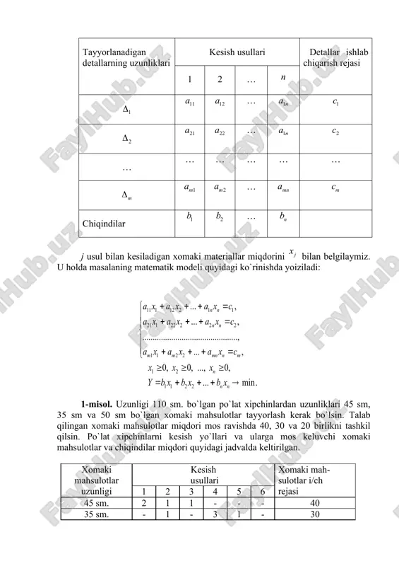 rejaga ko`ra bunday mahsulotlar soni 40 taga teng bo`lishi kerak, ya`ni . xuddi shuningdek, uzunliklari 35 sm. va 50 sm. bo`lgan xomaki mahsulotlarni ishlab chiqarish rejasini to`la bajarilishidan iborat shartlar mos ravishda va tenglamalar orqali ifodalanadi. iqtisodiy ma`nosiga ko`ra belgilangan noma`lumlar manfiy bo`la olmaydi, demak rejadagi xomaki mahsulotlarni ishlab chiqarishda hosil bo`lgan chiqindilarning umumiy miqdorini quyidagi chiziqli funksiya ko`rinishida ifodalaymiz: . masalaning shartiga ko`ra bu funksiya minimum qiymatni qabul qilishi kerak, ya`ni shunday qilib, quyidagi chiziqli programmalashtirish masalasiga ega bo`lamiz: . 2-misol. konditer fabrikasi uch turdagi karamellarni ishlab chiqarish uchun uch xil xom ashyo: shakar, qiyom va quruq mevalar ishlatadi. 1 tonna karamel turlarini ishlab chiqarish uchun sarf qilinadigan xom ashyolar miqdori (me`yori), xom ashyolarning zahirasi hamda 1 tonna karamelni sotishdan olinadigan daromad quyidagi jadvalda keltirilgan. xom ashyo turlari 1 tonna mahsulotga xom ashyo sarfi (t.hisobida) xom ashyo zahirasi a b c (tonna) shakar 0,8 0,5 0,6 800 qiyom 0,4 …